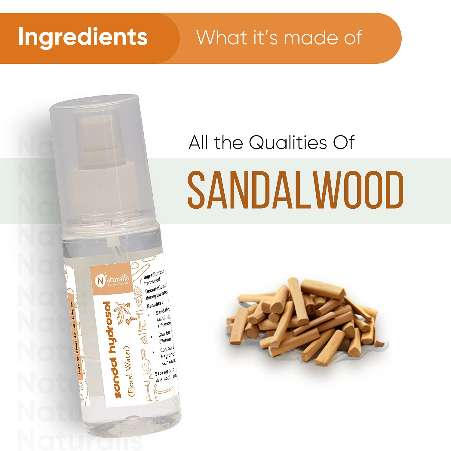 Naturalis Essence of Nature Sandalwood Hydrosol Facial & Body Mist Spray - Organic Aromatherapy Toner for Skincare, Hair Refresh & Home Spa Relaxation