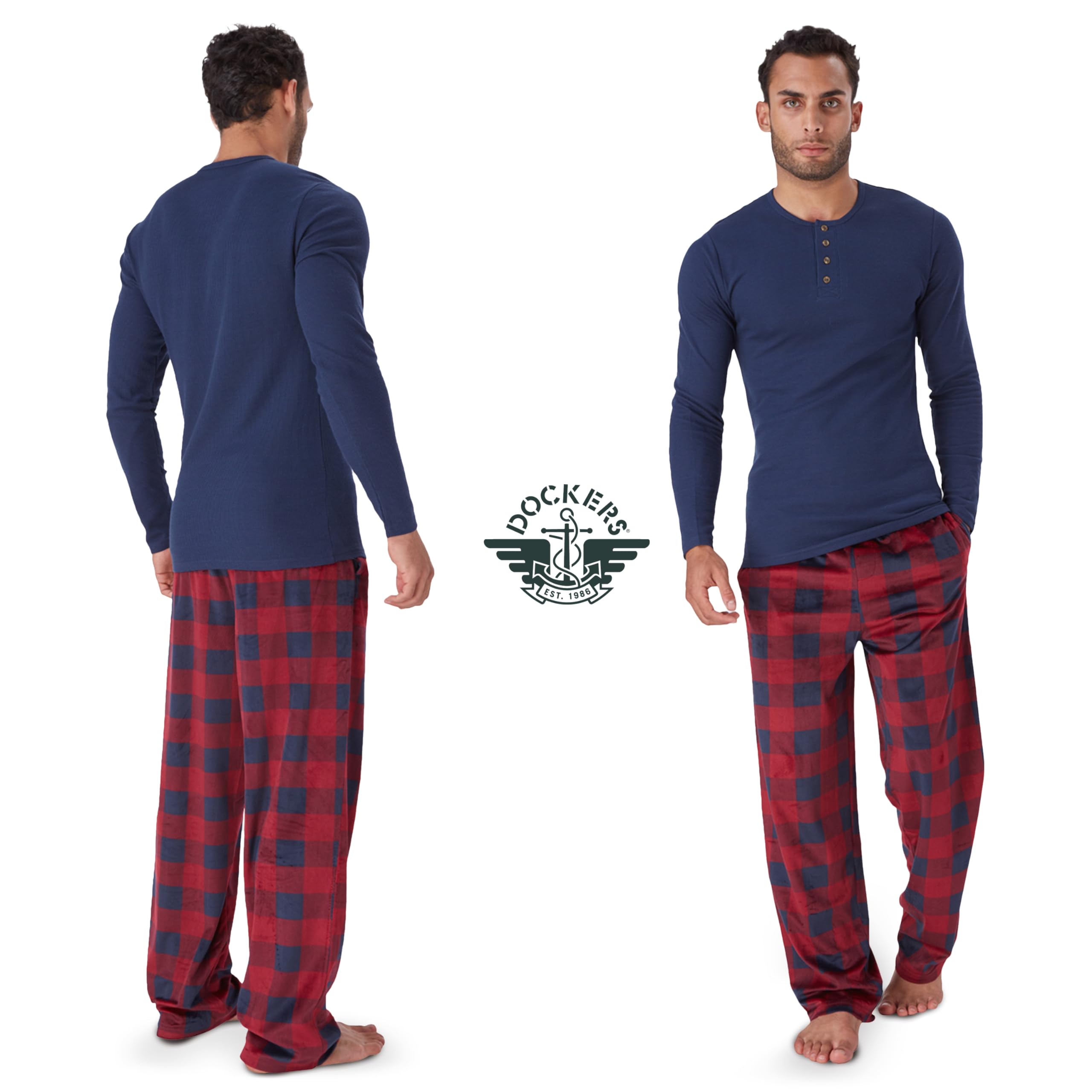 DOCKERS Men's Plaid Pajama Set - Waffle Henley Long Sleeve Shirt & Comfortable PJ Pants for Lounge, Sleep & Relaxation at Home
