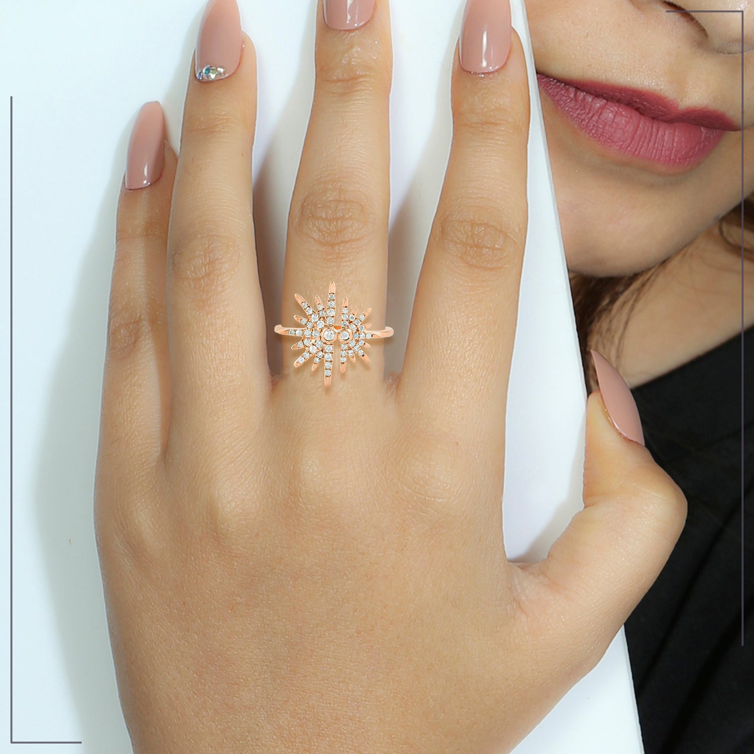14K Rose Gold Micro Pave Diamond Starburst Ring - Handmade Elegant Jewelry for Weddings, Anniversaries & Special Occasions
