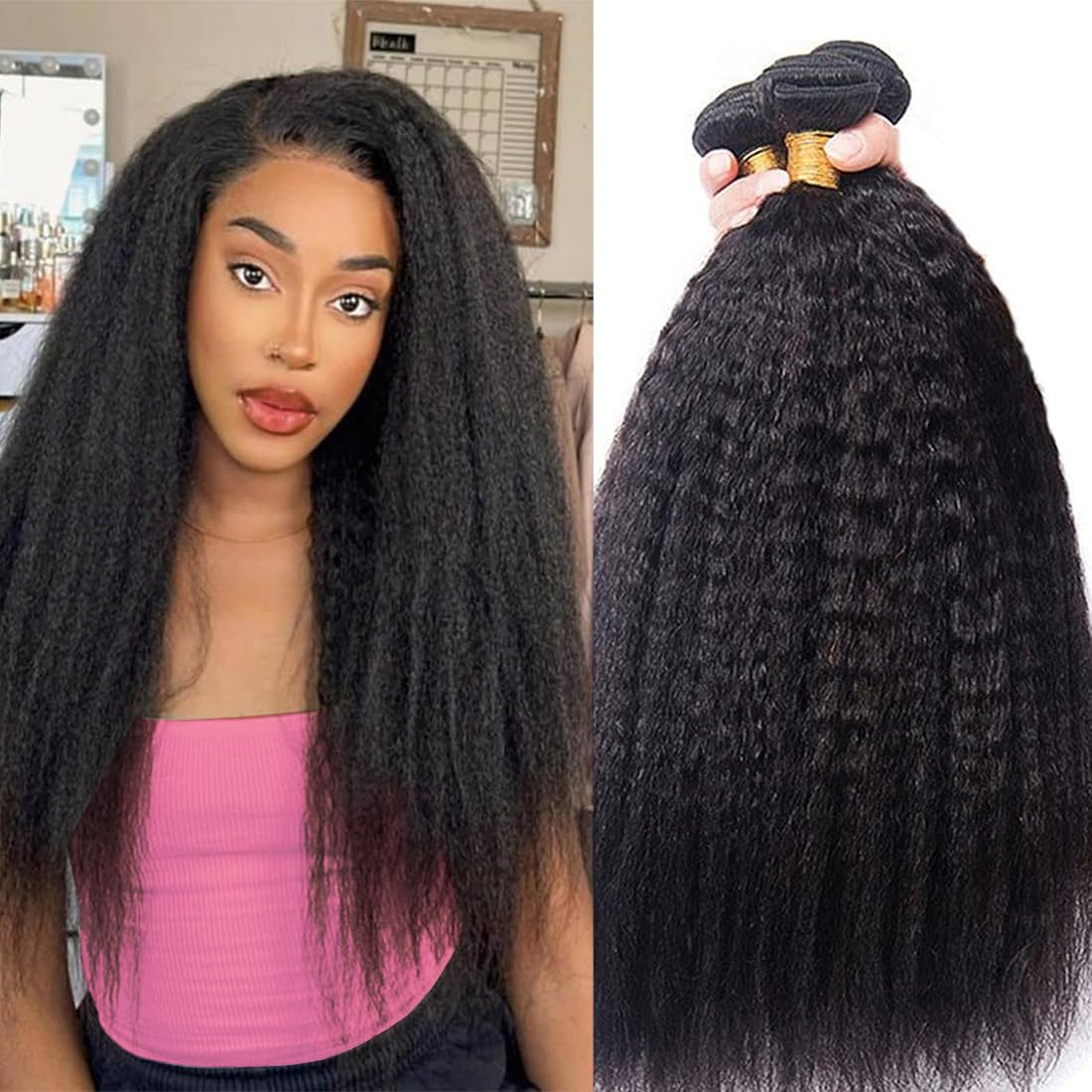 DMS 100% Unprocessed Brazilian Remy Hair Bundles - Kinky Straight Human Hair Weave 3 Bundles (20 22 24 Inch) for Black Women | Natural Black Color | Perfect for Protective Styles, Sew-Ins & Everyday Wear