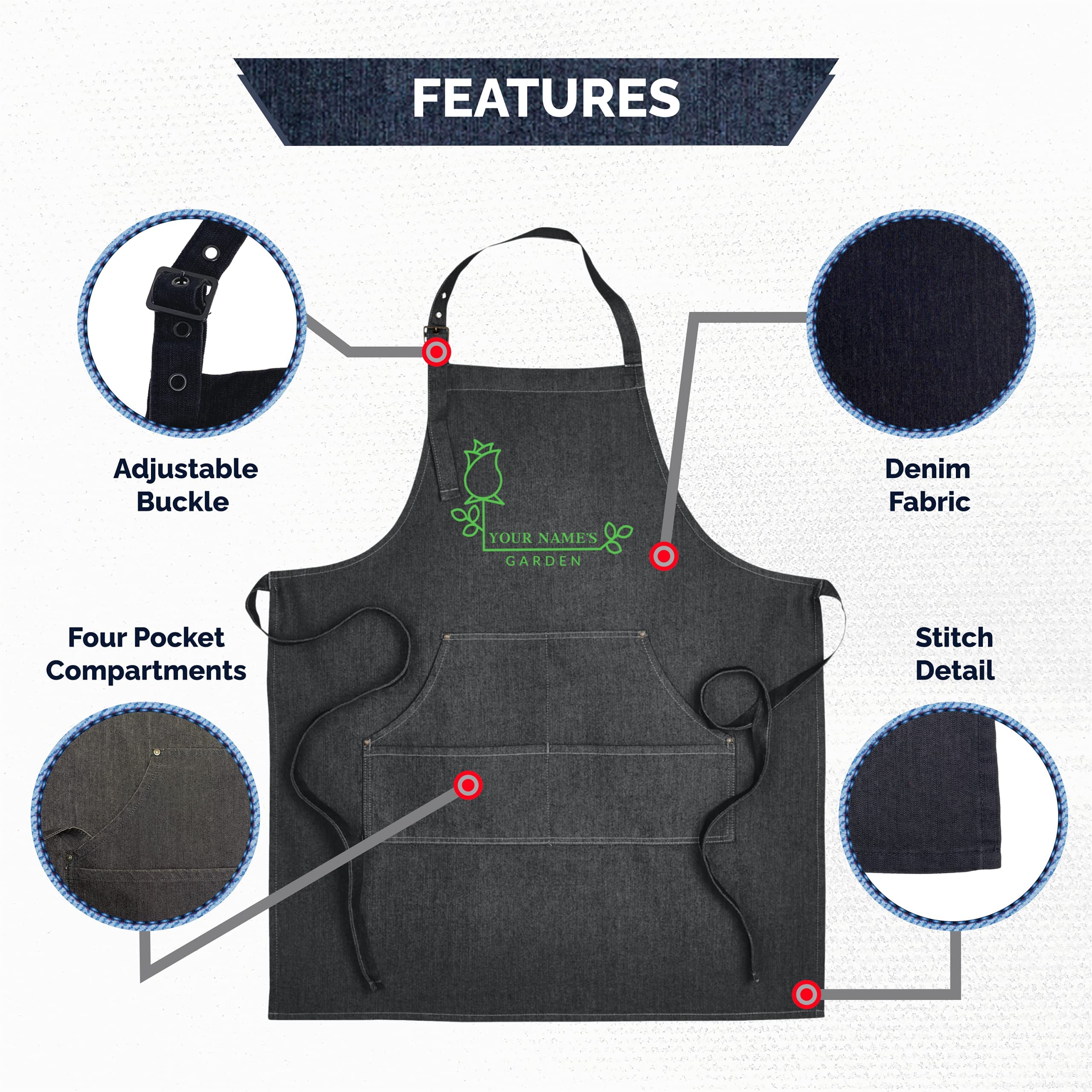 Custom Denim Gardening Apron with Pockets for Women & Men - Personalized Garden Gifts - Perfect for Planting, Harvesting & Outdoor Activities