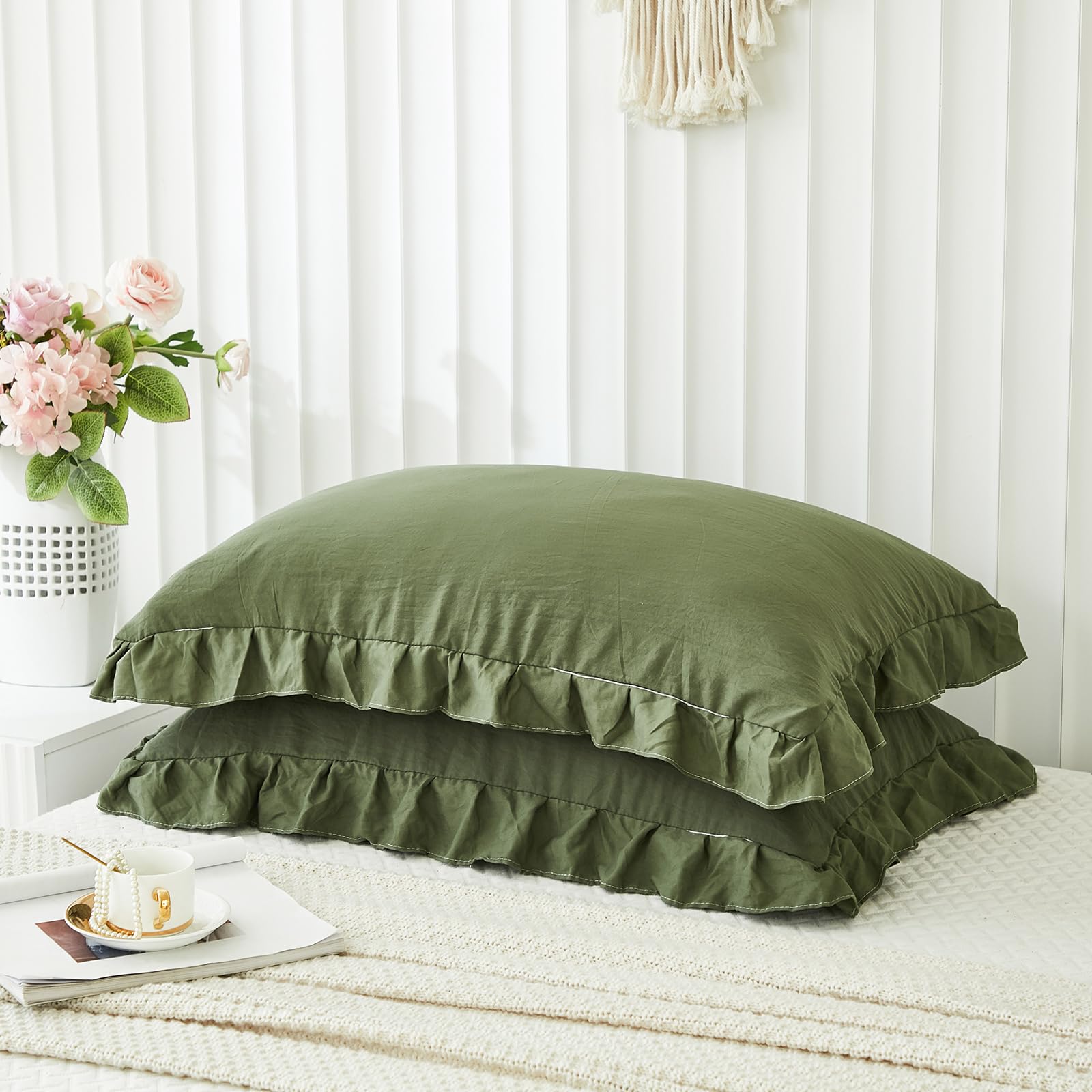 Olive Green Ruffled Pillow Shams Set of 2 - King Size 20x36 Inches - Shabby Chic Decorative Pillowcases with Fringe Design for Bedroom, Living Room, Sofa & Home Decor