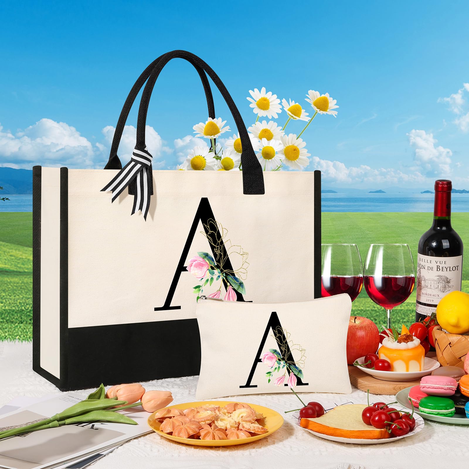AYGE Personalized Initial Canvas Beach Tote Bag - Custom Monogrammed Gifts for Women, Makeup Bag, Birthday Present for Sister, Mom, Teacher & Bridesmaid - Perfect for Beach Trips, Shopping & Everyday Use