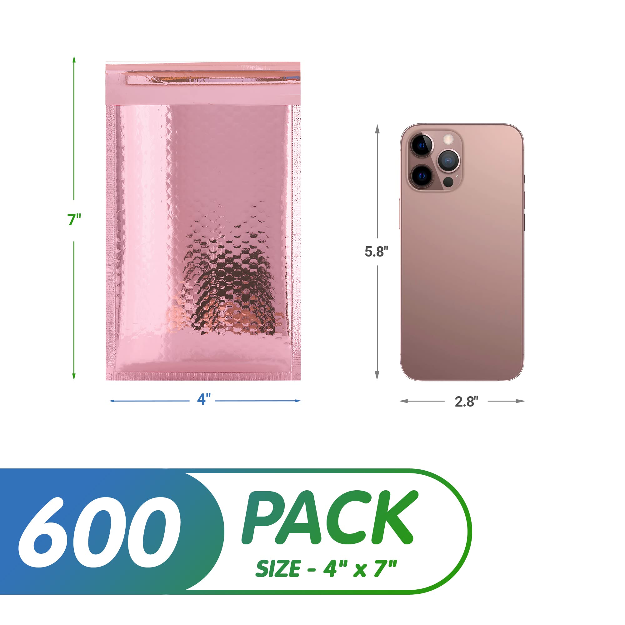 600 Pack Rose Gold Metallic Bubble Mailers 4x7 Inches - Waterproof Padded Envelopes for Shipping | Bright Foil Protective Packaging for Fragile Items, Jewelry, Cosmetics & Small Business Shipments