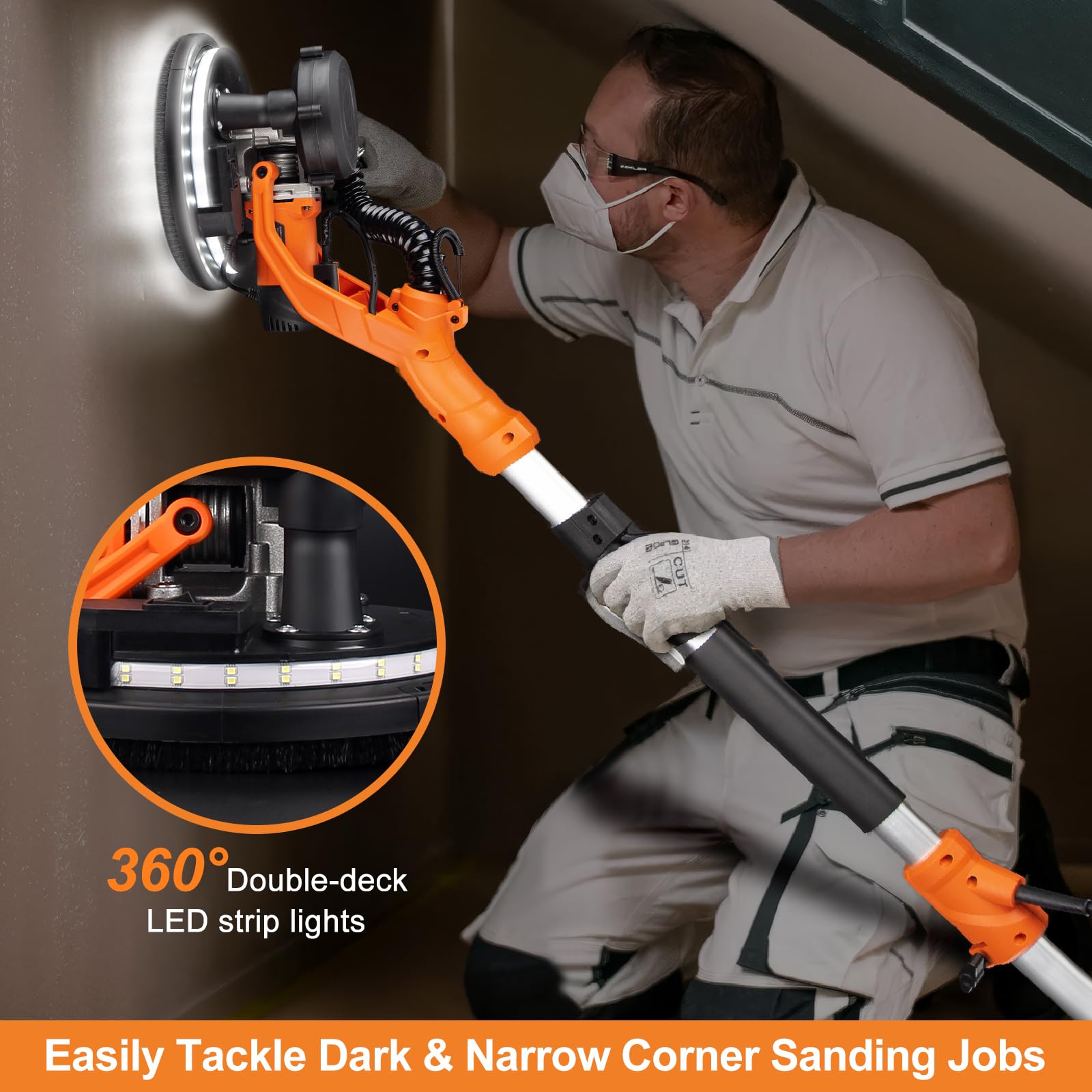 1000W Automatic Drywall Sander with Vacuum Dust Collection - Popcorn Ceiling Removal Tool, LED Light, 6-Speed Adjustable (800-2200RPM), Includes 15 Sanding Discs & Foldable Extendable Handle - Perfect for Home Renovation, Wall Repair, and DIY Projects