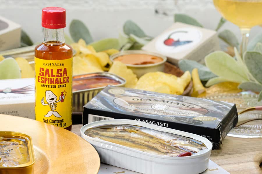 Premium Wild-Caught Gourmet Tinned Fish 7-Pack with Omega-3 | Jose Gourmet, ABC+, Fangst, Olasagasti, Espinaler | Includes Sauce & Potato Chips | Perfect for Charcuterie Boards, Tapas Nights & Gourmet Gifts
