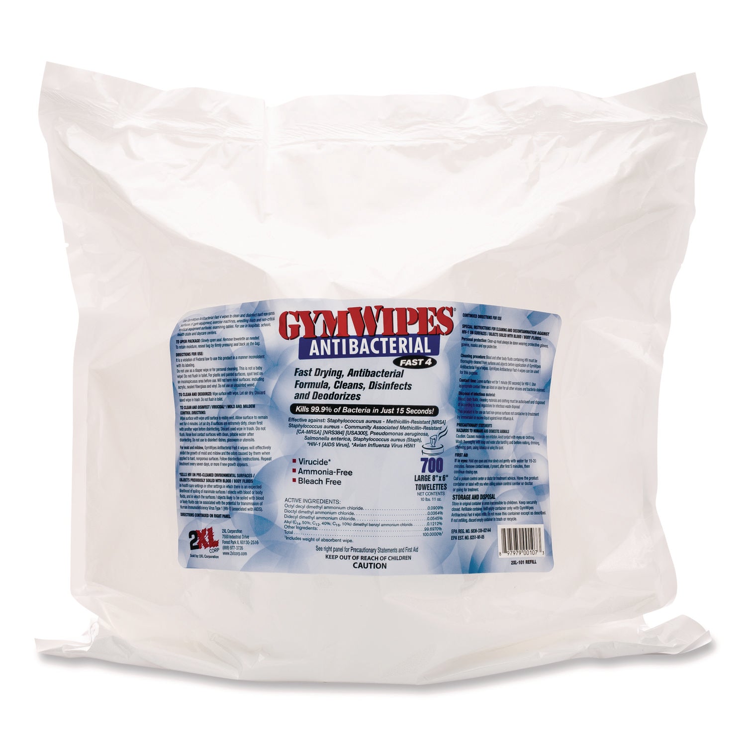 2XL Antibacterial Gym Wipes Refill - 700 Unscented White Disposable Cleaning Wipes (6x8, 1-Ply) - 4-Pack Bulk Value - Perfect for Fitness Equipment, Yoga Mats & Home Sanitizing