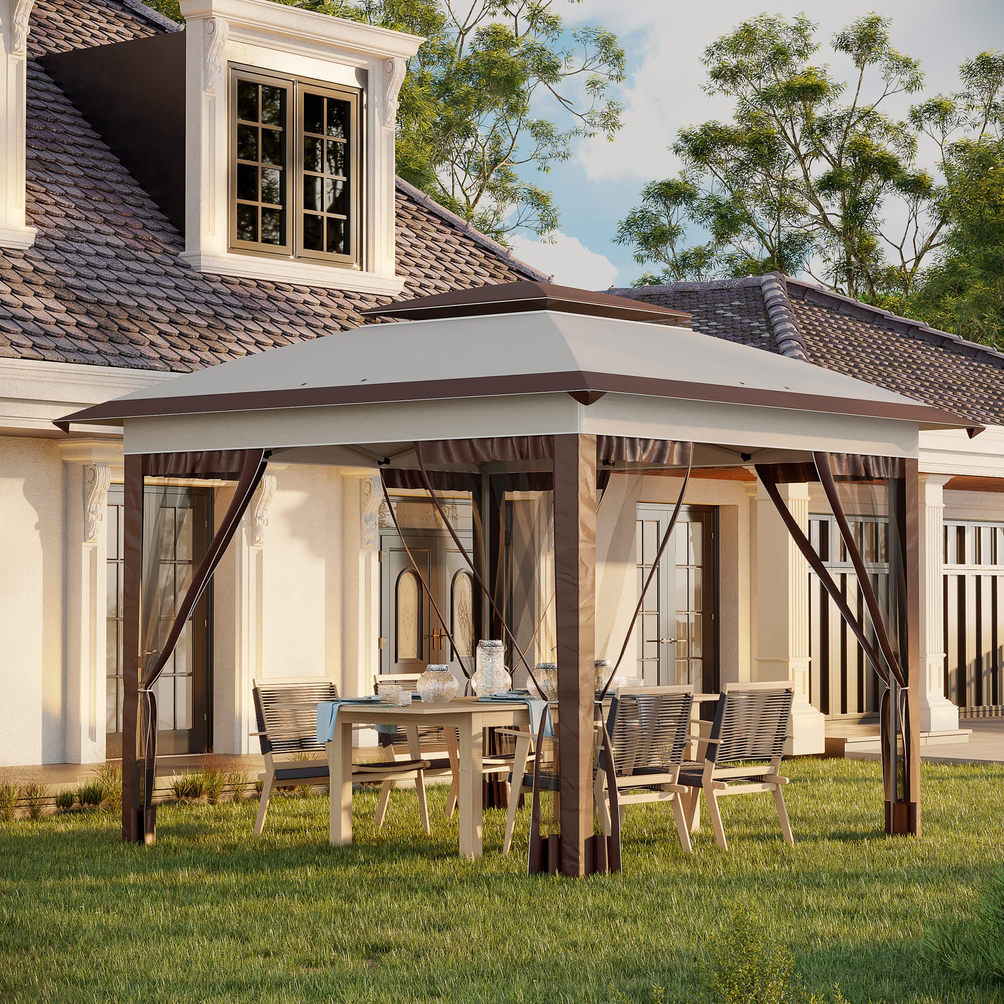 Outsunny 12' x 12' Pop Up Canopy Tent with Netting & Carry Bag - Instant Sun Shelter with 137 sq.ft Shade, Adjustable Height for Outdoor Events, Parties, Camping, Beach, Garden & Patio Use (Beige/Brown)