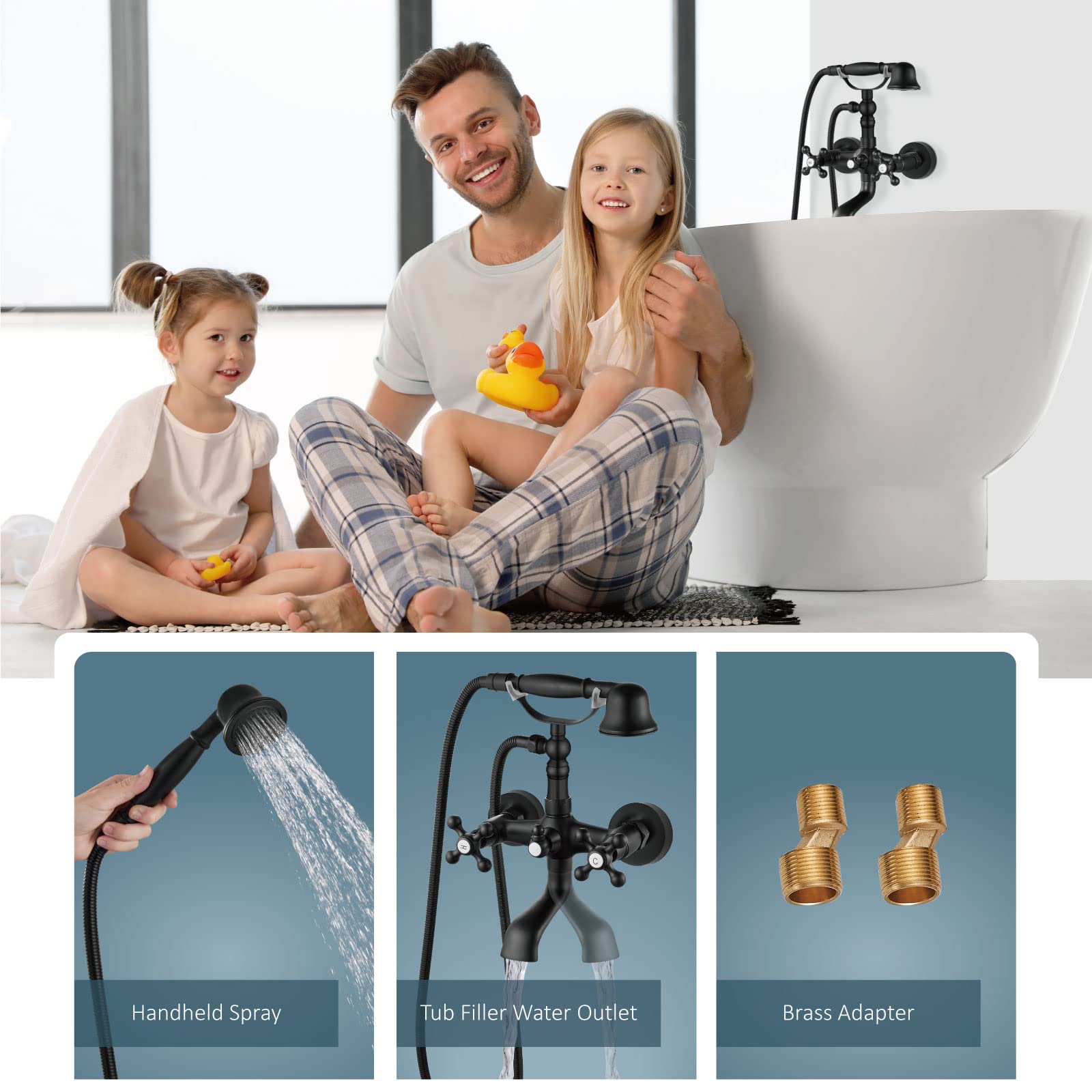 Aolemi Matte Black Wall Mount Bathtub Faucet with Hand Shower Sprayer - Vintage Double Cross Handle Mixer Tap - Perfect for Bathroom Renovation & Spa-Like Shower Experience