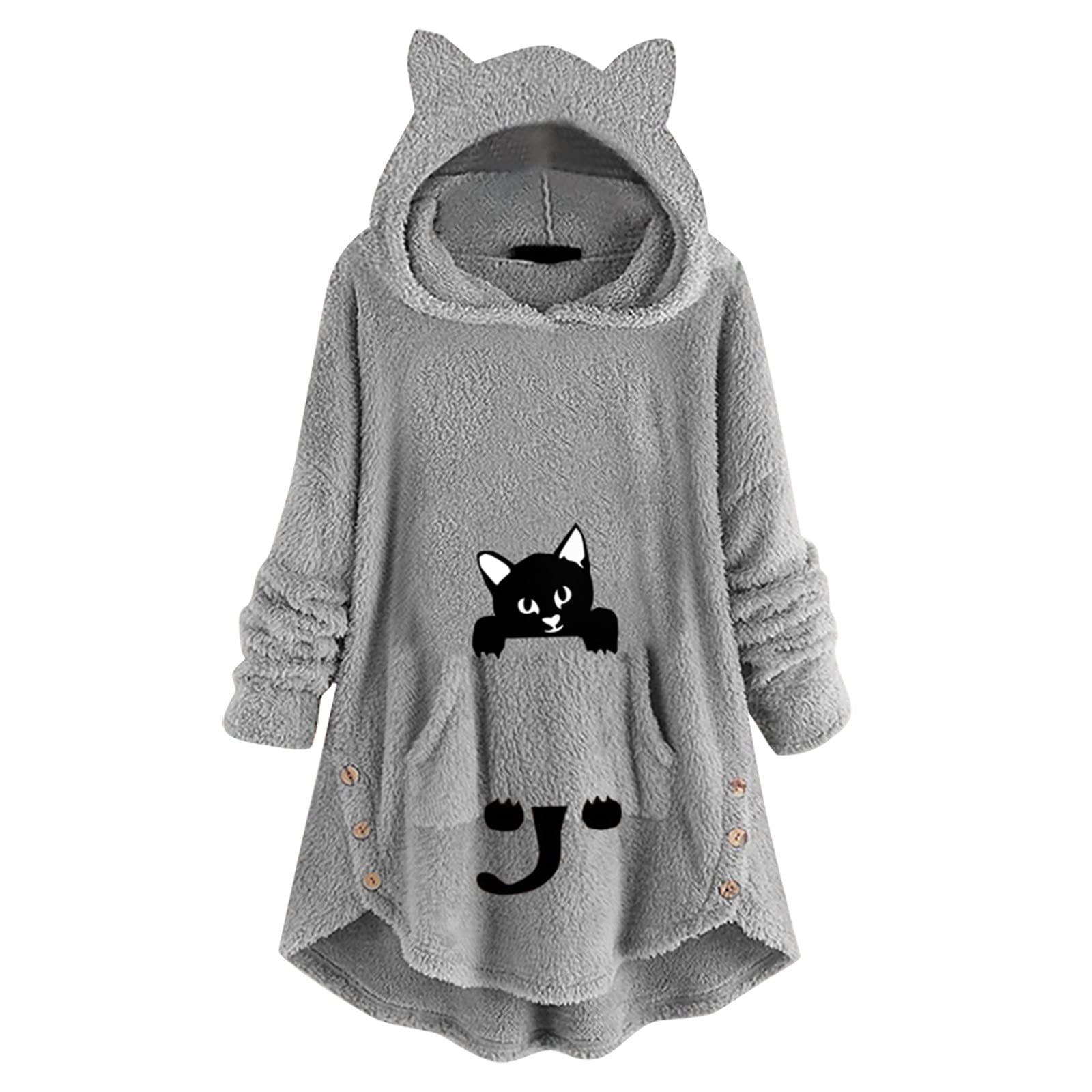 Women's Fleece Hoodie with Cat Ears - Cozy Long Sleeve Sweatshirt with Cute Print & Button Pocket | Perfect for Casual Wear, Loungewear & Winter Fashion