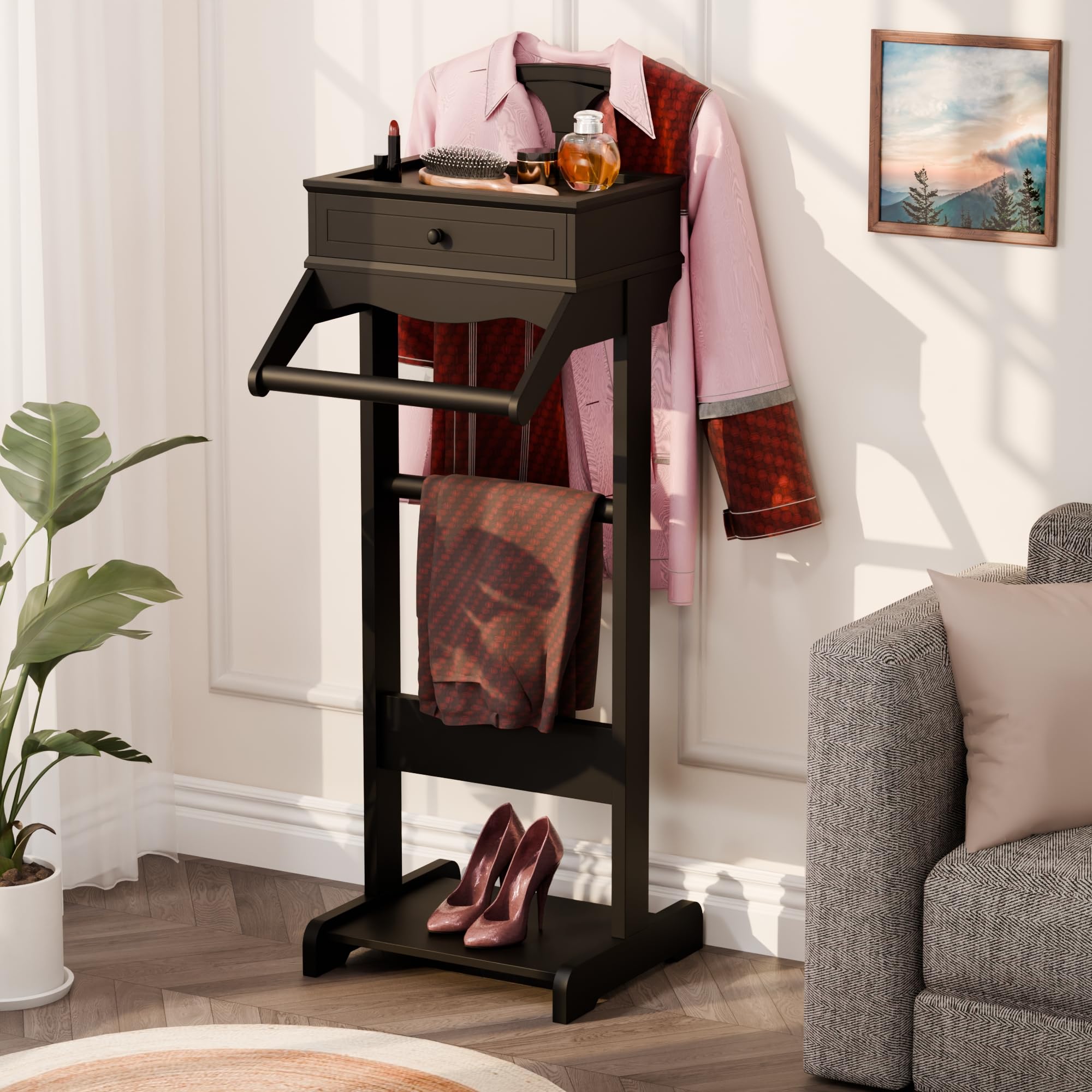 Brefhome Wooden Valet Stand with Drawer & Tray - Modern Clothing Rack for Men & Women - Entryway, Bedroom & Commercial Use - Black Garment Organizer (Perfect for Home & Office Storage)