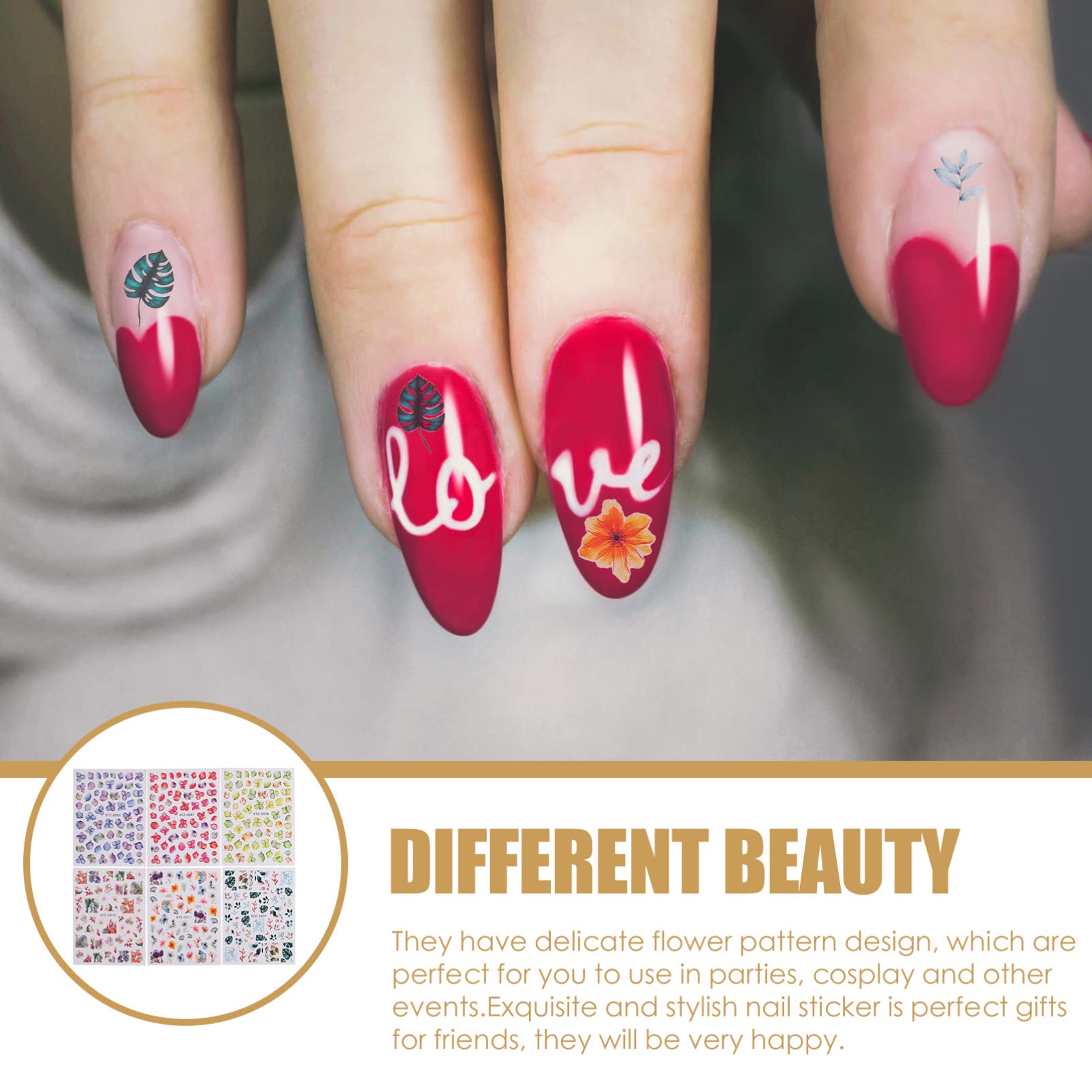 EXCLUZO 6 Sheets Self-Adhesive Nail Art Decals - Floral Nail Stickers for Women, DIY Manicure Designs, Waterproof Nail Decorations for Parties, Weddings & Special Occasions