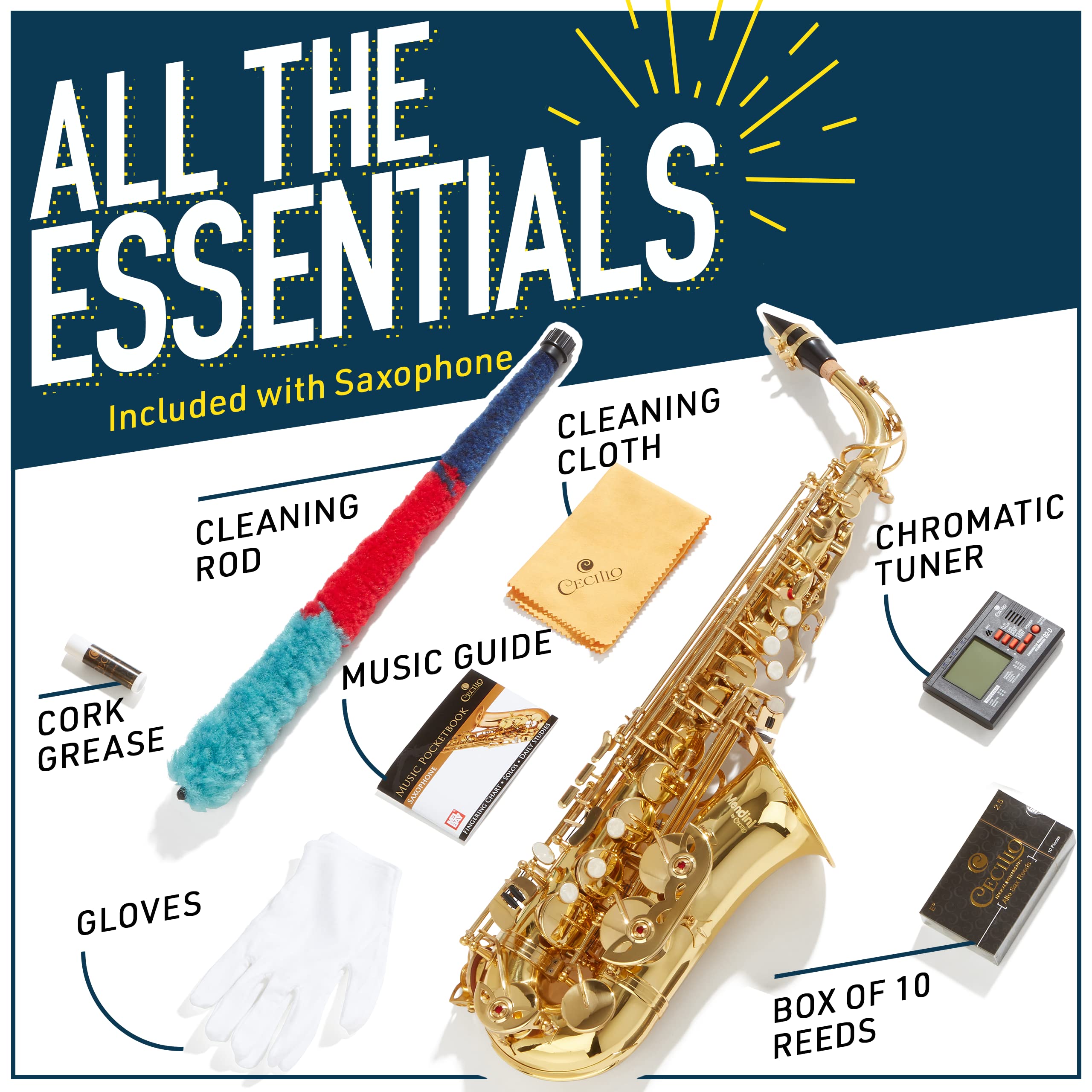 **Mendini by Cecilio E-Flat Alto Saxophone - Gold Tenor Sax for Beginners, Students & Kids - Includes Case, 10 Reeds, Mouthpiece, Tuner, Neck Strap, Cleaning Cloth, Rod & Gloves - Perfect for School Bands, Music Lessons & Home Practice**