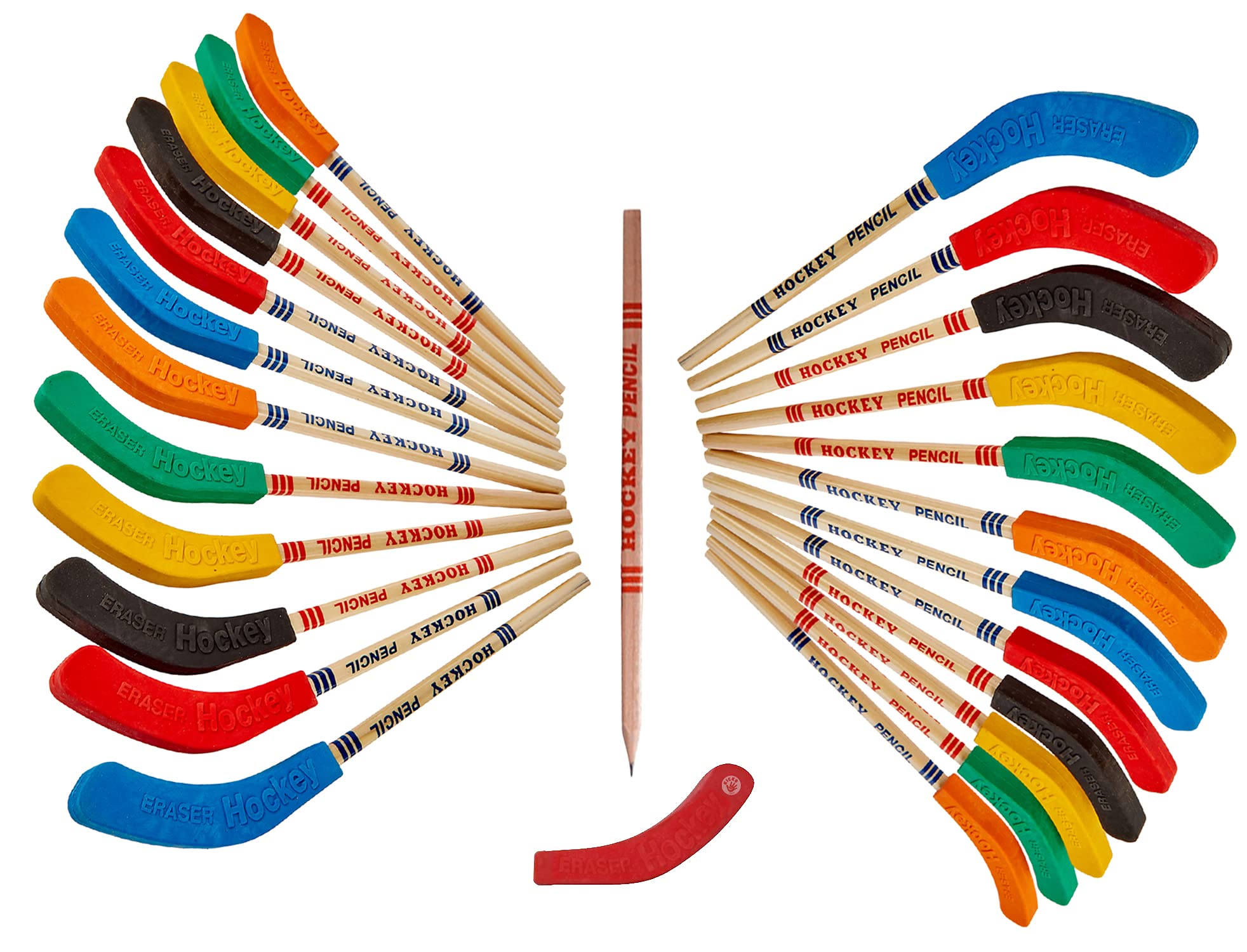 Kicko Hockey Pencils 24-Pack - 9 Inch Multicolor Hockey Stick Pencils with Rubber Blade Eraser - Bulk School Supplies, Party Favors for Sports Themed Birthday & Team Events - Perfect for Classroom Rewards, Hockey Fan Gifts and Educational Activities