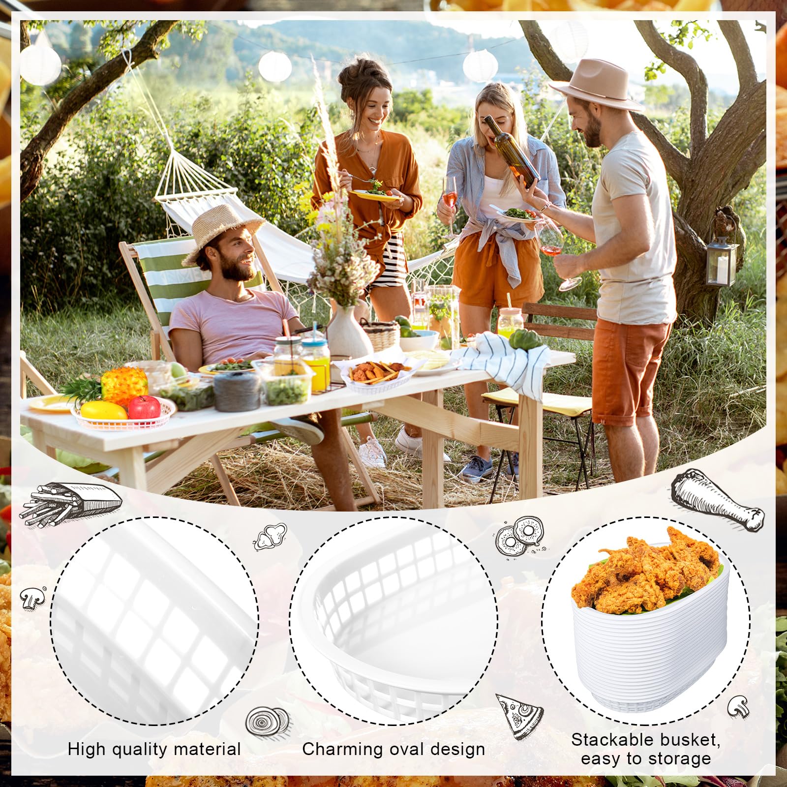 50 Pack White 10.5 x 7 Inch Oval Plastic Fast Food Baskets - Reusable Chip & Bread Baskets for Restaurants, Hot Dogs, Deli, Chicken Fries, Burgers - Perfect for Serving, Food Display & Commercial Kitchen Use