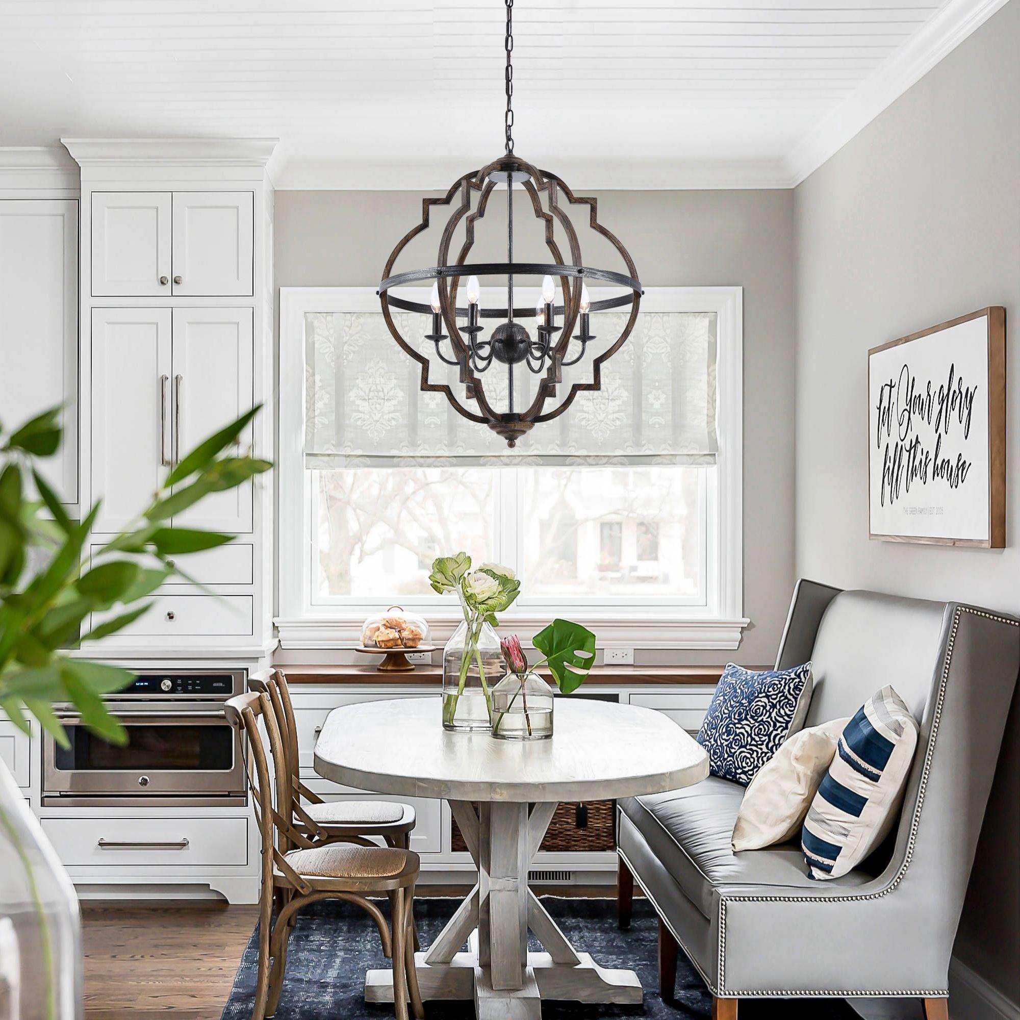 Cambon 6-Light Distressed Black & Brushed Wood Geometric Lantern Chandelier - Perfect for Farmhouse Dining Room, Rustic Kitchen Island, or Entryway Lighting