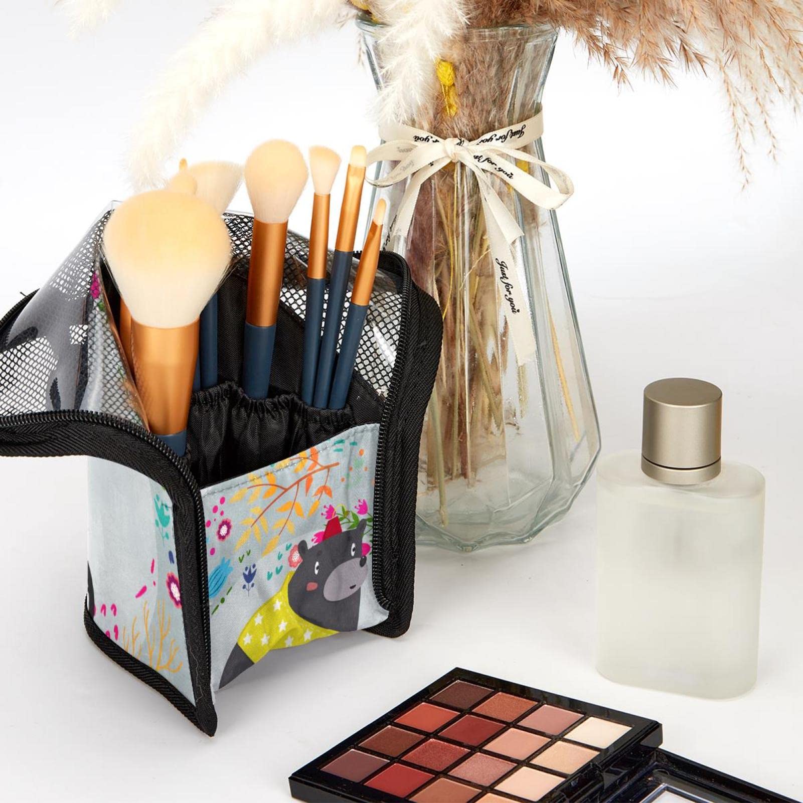 12-Piece Makeup Brush Organizer Bag with Funny Circus Flower Bear Design - Portable Travel Cosmetic Brush Holder Case for Makeup Artists & Beauty Enthusiasts - Perfect for Home, Travel & Professional Use