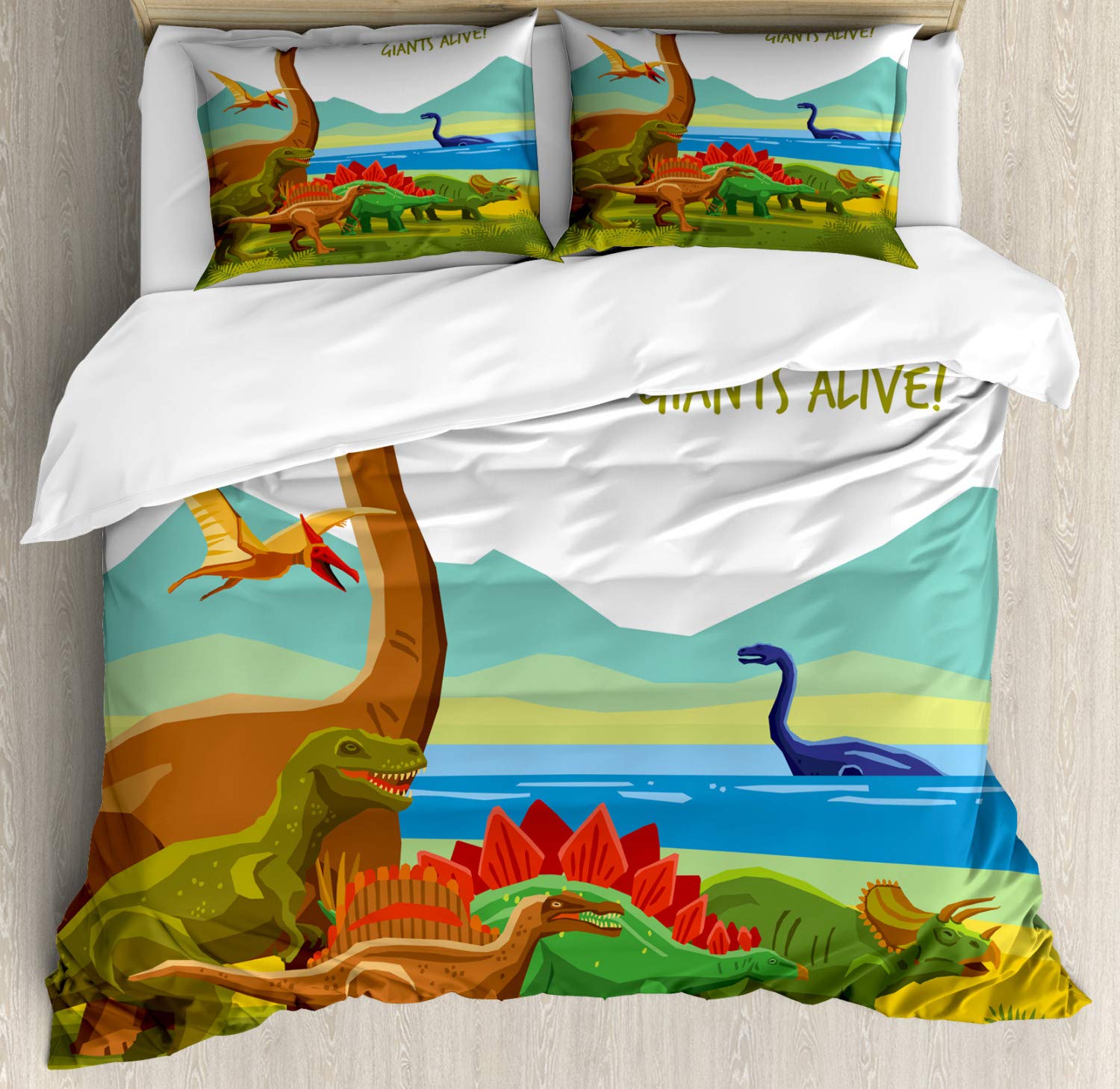 Ambesonne Dinosaur Duvet Cover Set - 3 Piece Bedding with Flying, Swimming & Land Dinosaurs Design, Dino Park Lake & Mountain Theme, California King Size in Green & Yellow | Perfect for Kids' Rooms, Dinosaur Themed Bedrooms & Jurassic Decor
