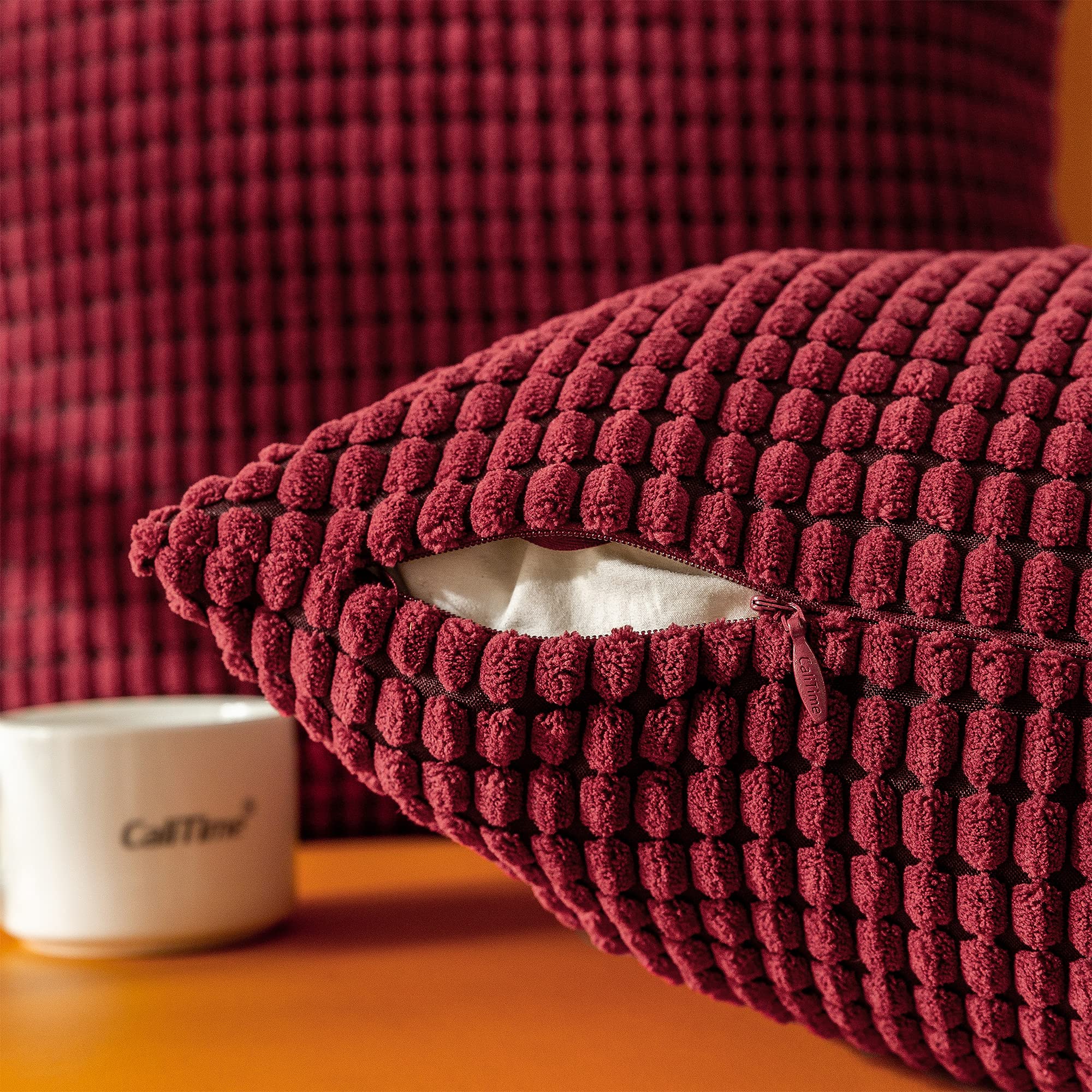 Premium Corduroy Throw Pillow Covers Set of 2 - 12x20 Inch Striped Waffle Textured Decorative Cushion Cases for Sofa, Couch & Bed - Farmhouse Home Decor in Burgundy - Perfect for Living Room, Bedroom & Cozy Reading Nook