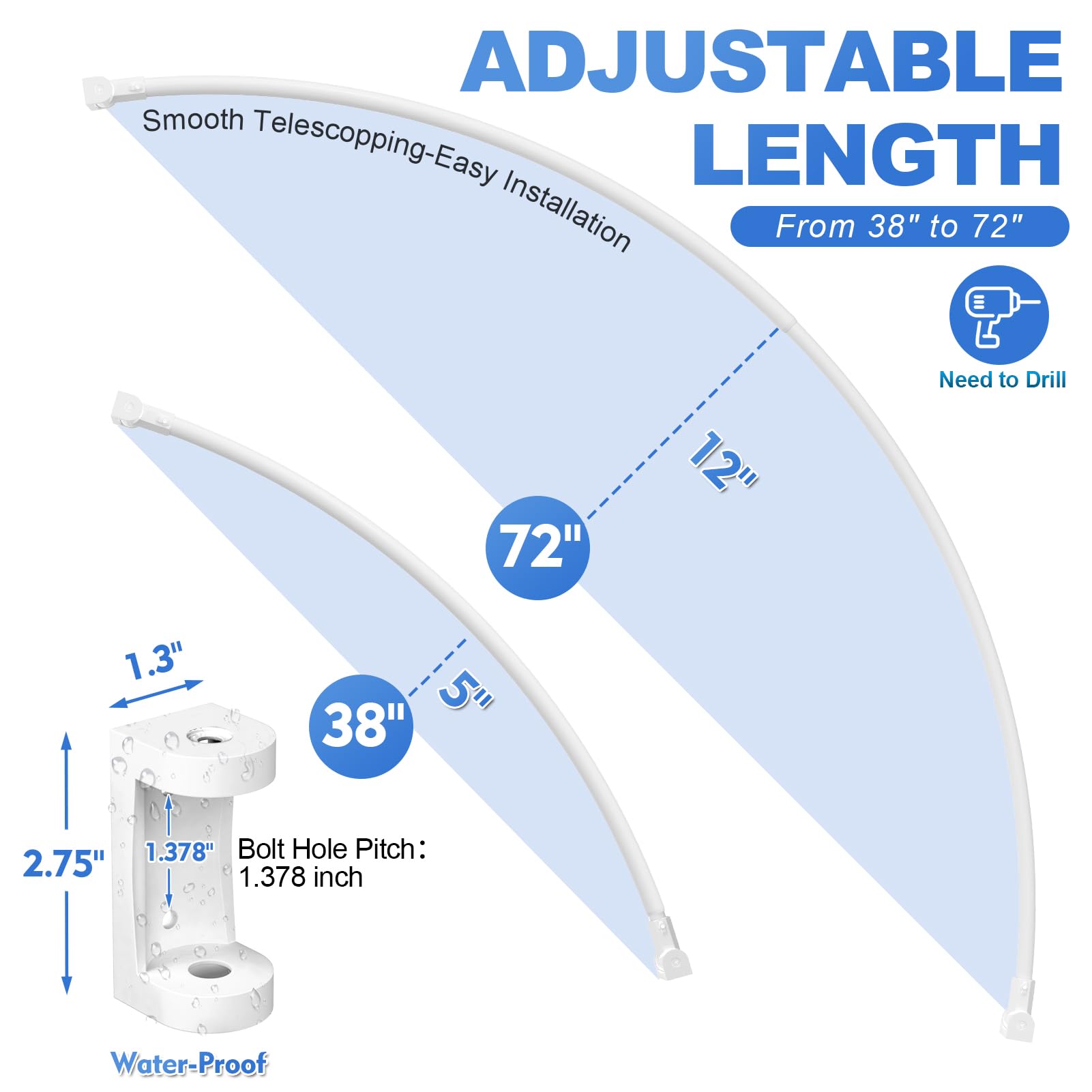 Adjustable Curved Shower Curtain Rod 38-72 Inches - Heavy Duty Metal Round Shower Rod with Rotating Brackets for Spacious Bathrooms (White, Requires Drilling) | Perfect for Modern Bathrooms & Walk-In Showers