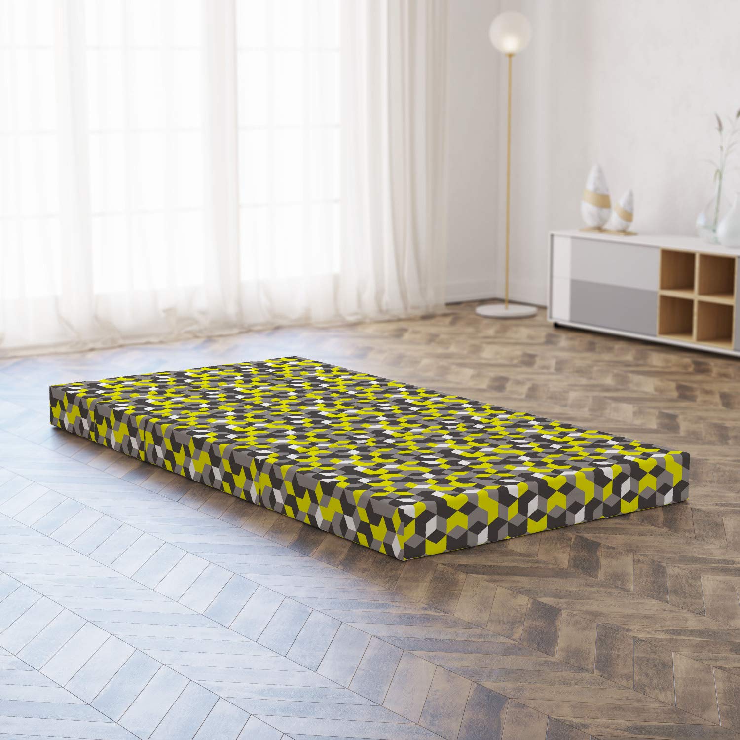 Ambesonne Mustard Yellow Foldable Mattress - Modern Box Cube Design, 74.8