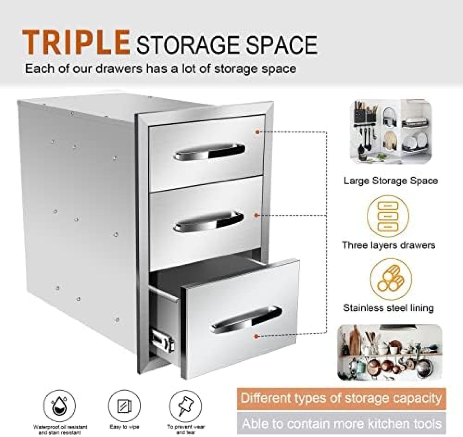 Stainless Steel BBQ Drawer for Outdoor Kitchen - 14Wx21Dx21H - Perfect for Grilling Stations & BBQ Islands
