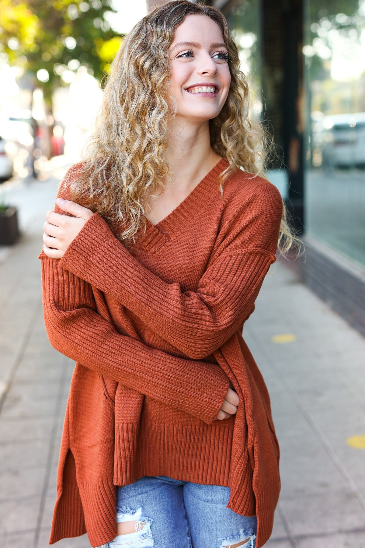 Stylish Rust Oversized V-Neck Rib Knit Sweater for Women | Cozy Fall & Winter Pullover | Perfect for Casual Outings, Date Nights & Office Wear