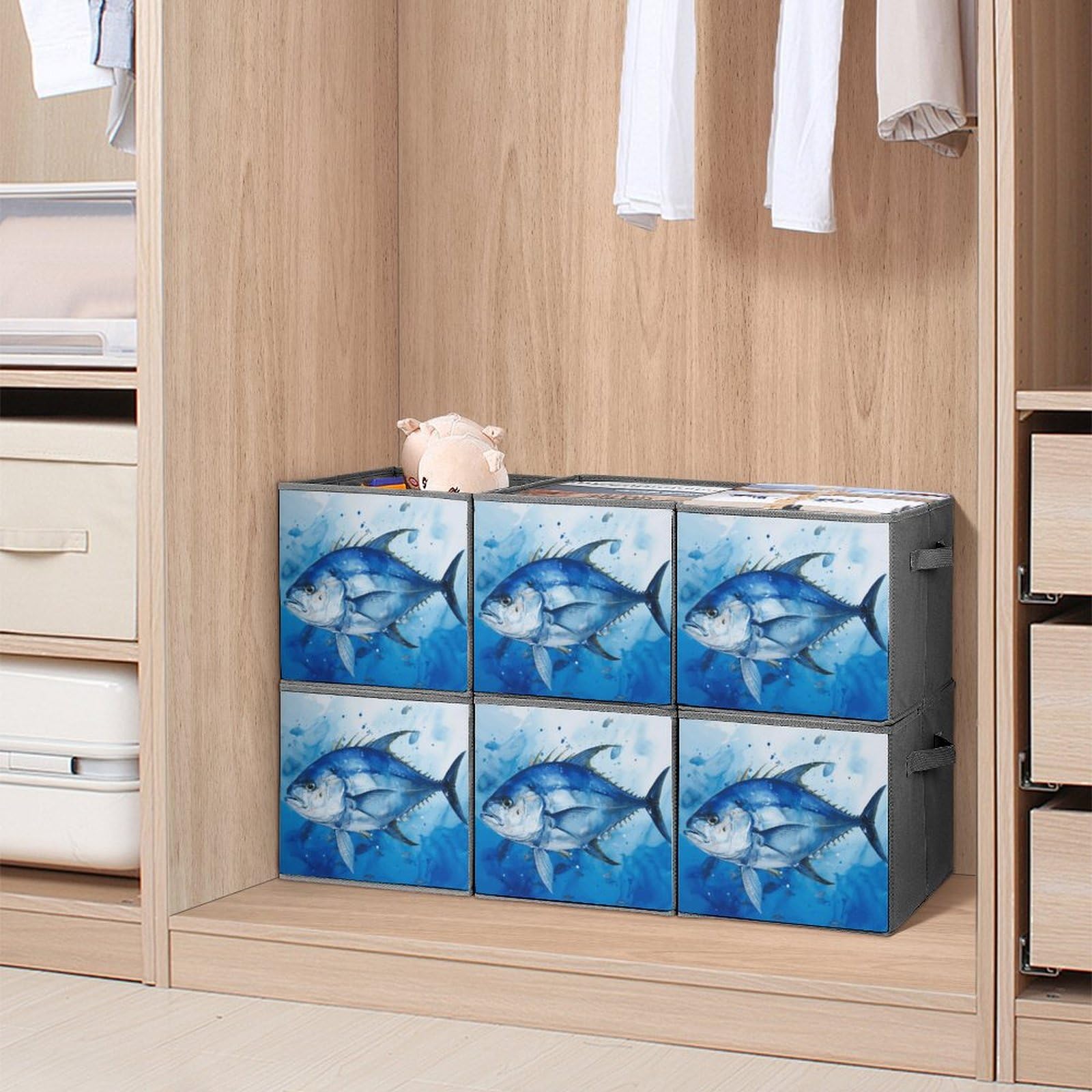 6-Piece Collapsible Storage Bins with Handles - Blue Fish Print Foldable Organizing Baskets for Shelves, Closet, Bathroom & Kids Room | Multi-Purpose Storage Containers for Home Organization
