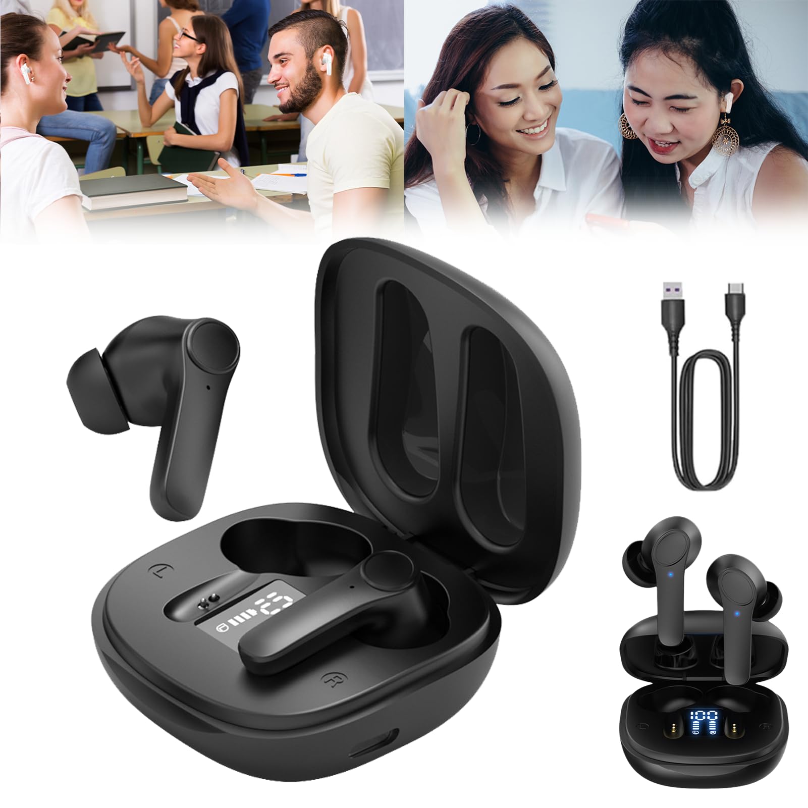 Caorchareb Real-Time Translation Earbuds - 2-Way Language Translator for 144 Languages & Accents | Break Language Barriers | Perfect for Travel, Business Meetings & International Communication (Black)