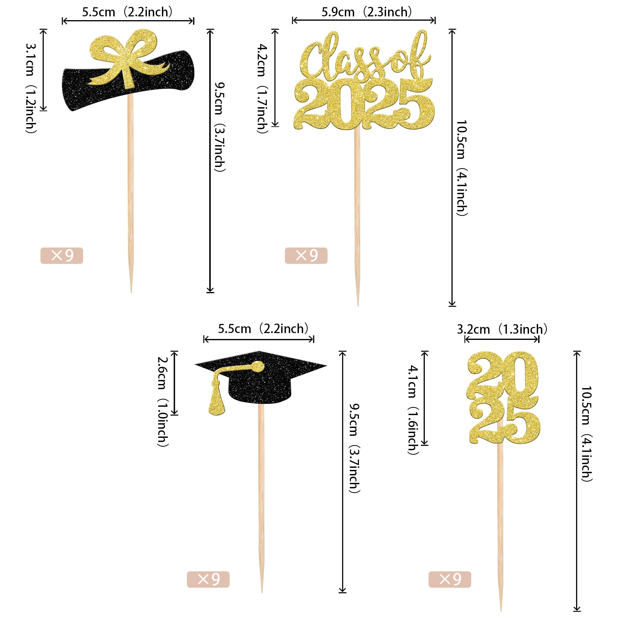 36 PCS 2025 Graduation Cupcake Toppers - Glitter Class of 2025 Graduation Cap & Diploma Cake Decorations - Gold Party Supplies for Graduation Ceremony, School Celebration & Dessert Table Decor