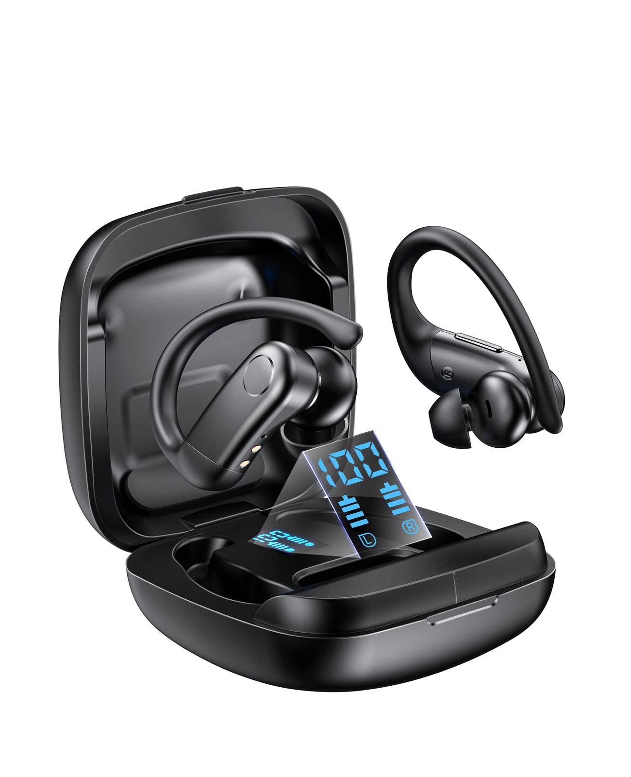 QODISA Bluetooth Headphones Wireless Earbuds - 100Hrs Playtime, Wireless Charging Case, Digital LED Display, Noise Cancelling Mic - Over-Ear Wireless Earphones for Workout, Running, Gym & Sports | Perfect for Commuting, Travel & Office Use
