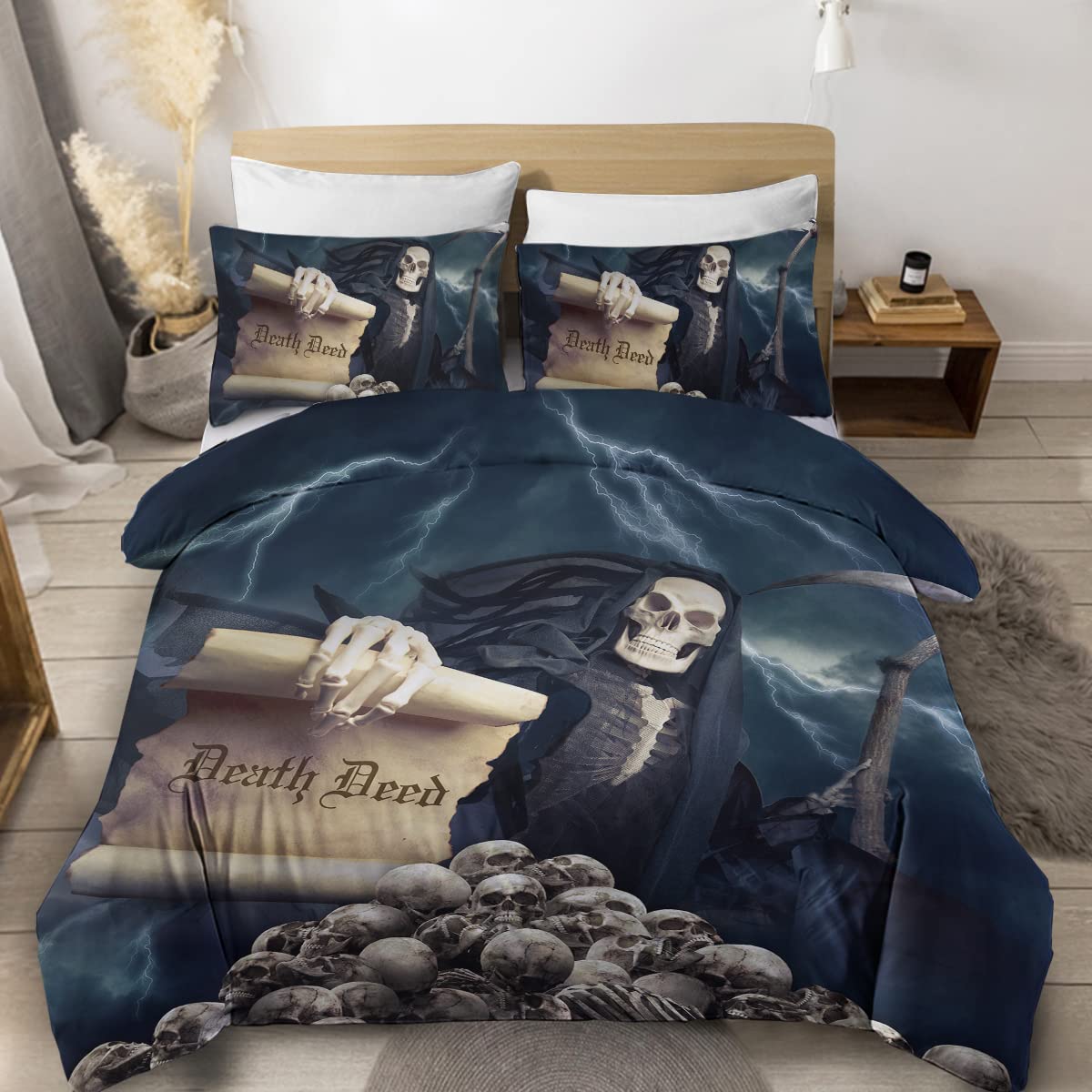 Grim Reaper Halloween Bedding Set | 3-Piece Skull Duvet Cover with Hidden Zipper & Corner Ties | Gothic Skeleton Comforter for Boys & Men | Perfect for Halloween Decor, Spooky Bedrooms & Themed Parties (Twin Size)