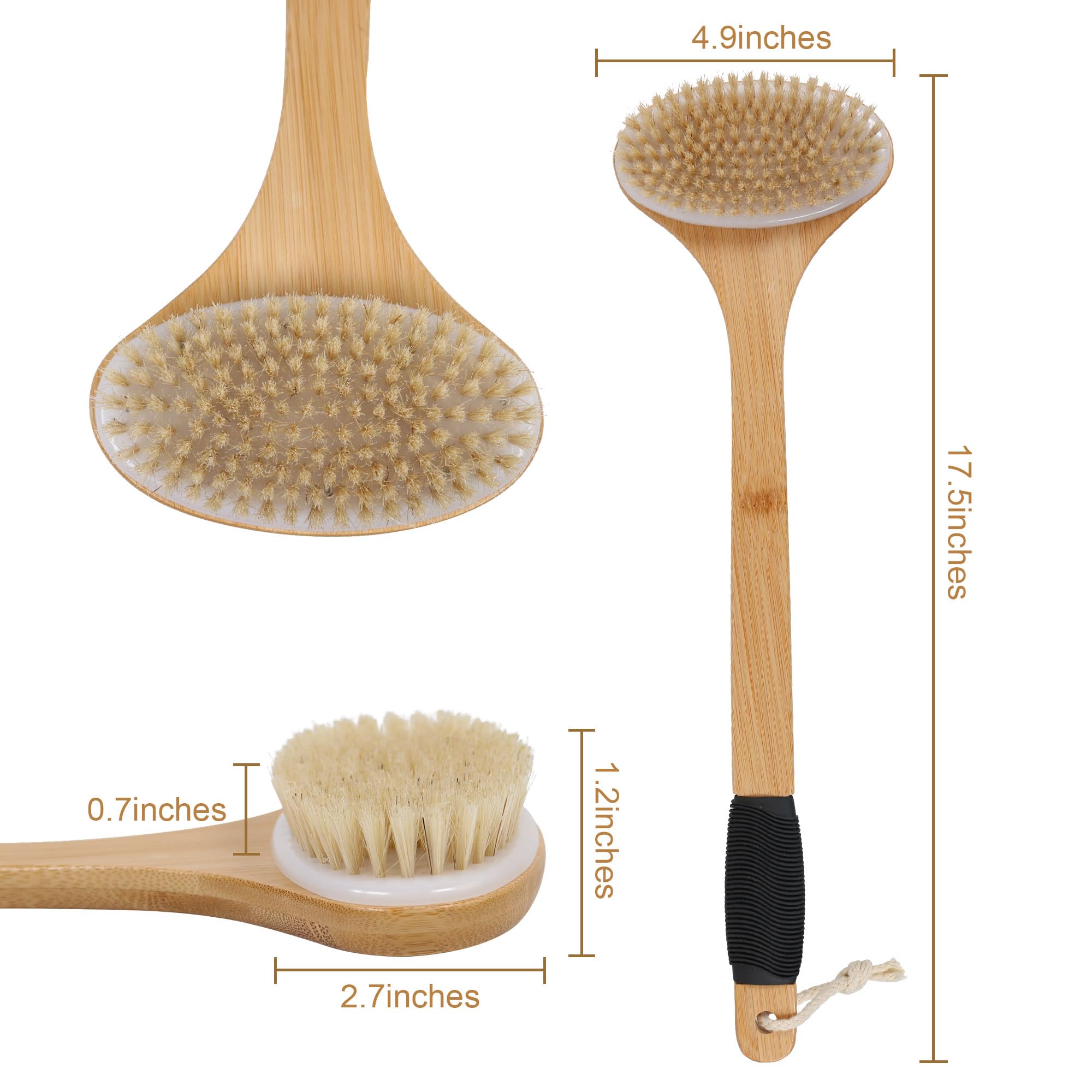 OWIIZI Back Scrub Brush for Shower - Stiff Boar Bristles & Bamboo Long Handle Body Brush for Wet/Dry Use | Deep Cleansing Back Scrubber with Anti-Slip Grip | Perfect for Hard-to-Reach Areas & Exfoliation in Bath or Shower