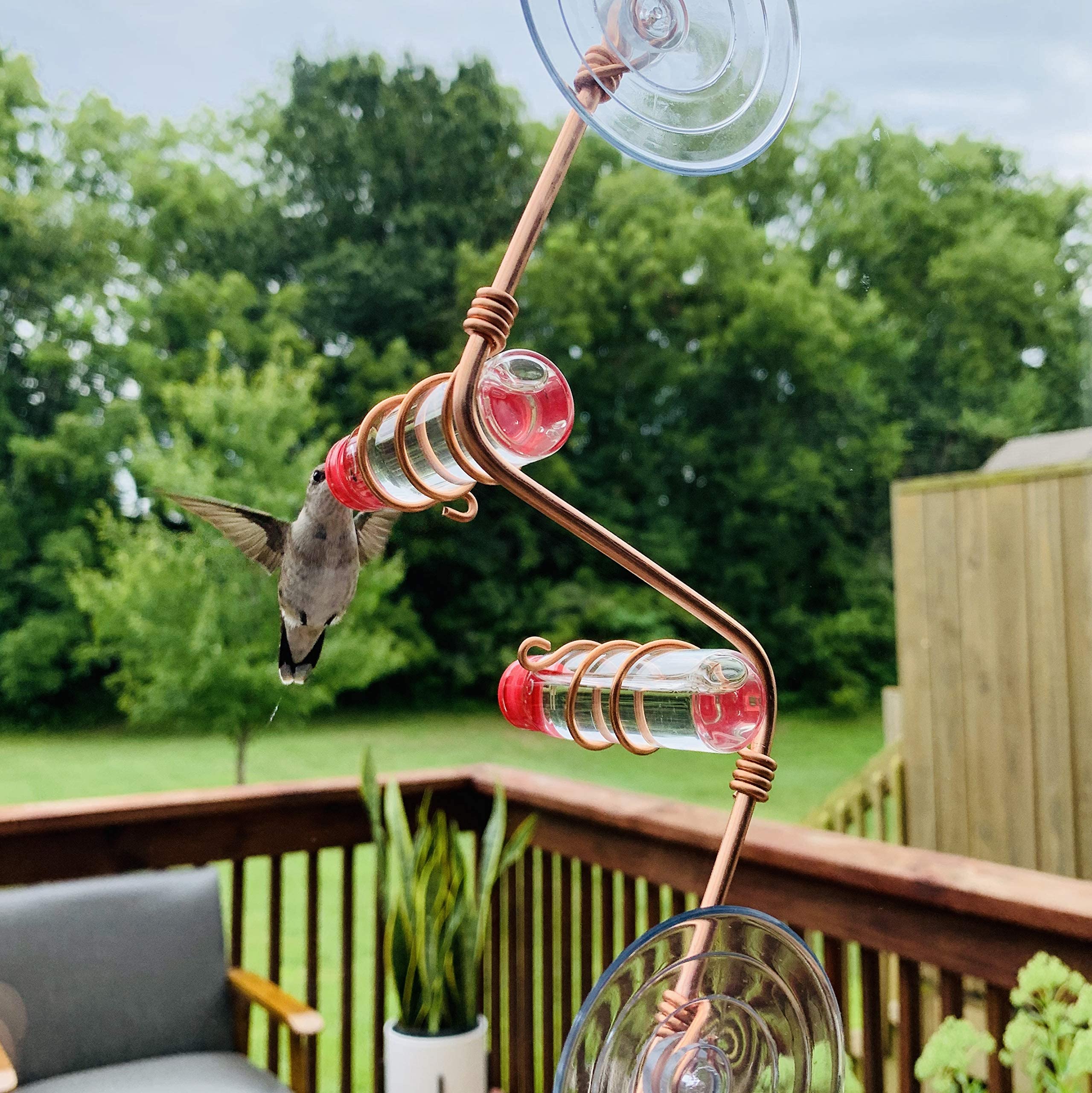 Modern Geometric Window Hummingbird Feeder - Handcrafted Copper & Aluminum Design with Multiple Feeding Stations | Elegant Glass Bottles & Strong Suction Cups | Perfect for Home Décor, Bird Watching & Outdoor Relaxation | Attract Hummingbirds to Your Garden or Balcony