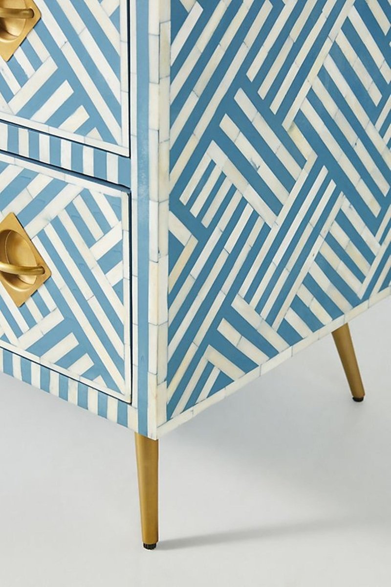 Handmade Bone Inlay Chest of Drawers - 6-Drawer Storage Cabinet with Optical Design in Sky Blue | Perfect for Bedroom, Living Room & Office Organization