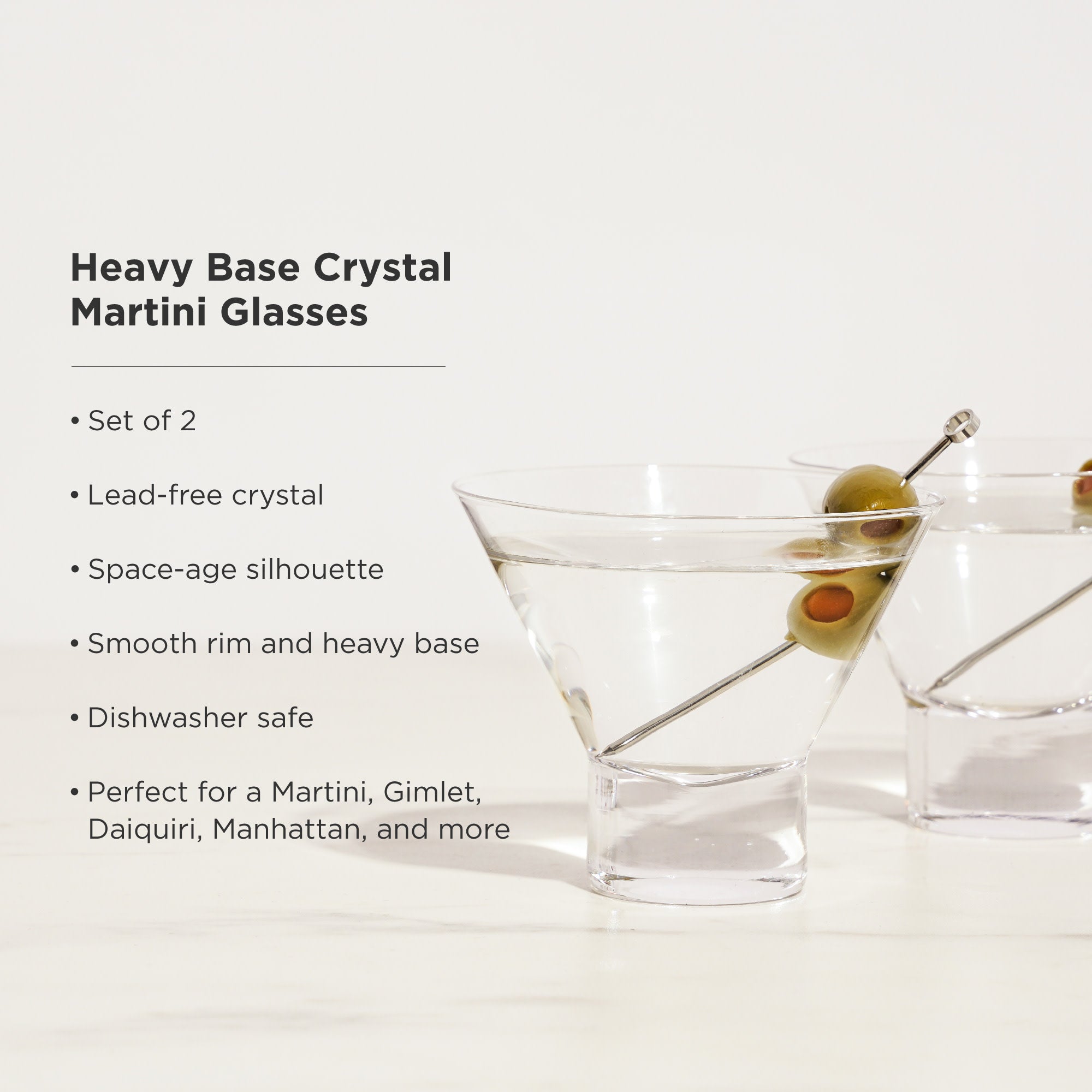 Premium Raye Heavy Base Crystal Stemless Martini Glasses - Set of 2 Elegant Modern Cocktail Glasses for Martini, Margarita, Whiskey & Wine - Perfect for Home Bar, Parties & Gifts