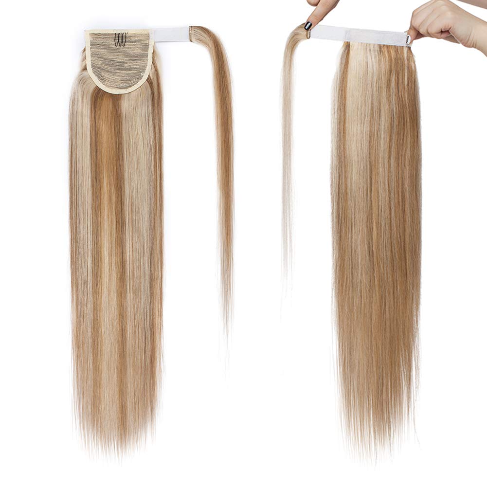 Clip-In Human Hair Ponytail Extensions - 22in Remy Hair Straight Ponytail Wrap with Magic Paste for Women & Girls | Ash Brown & Bleach Blonde (#12 & #613) | Perfect for Parties, Weddings & Everyday Styling