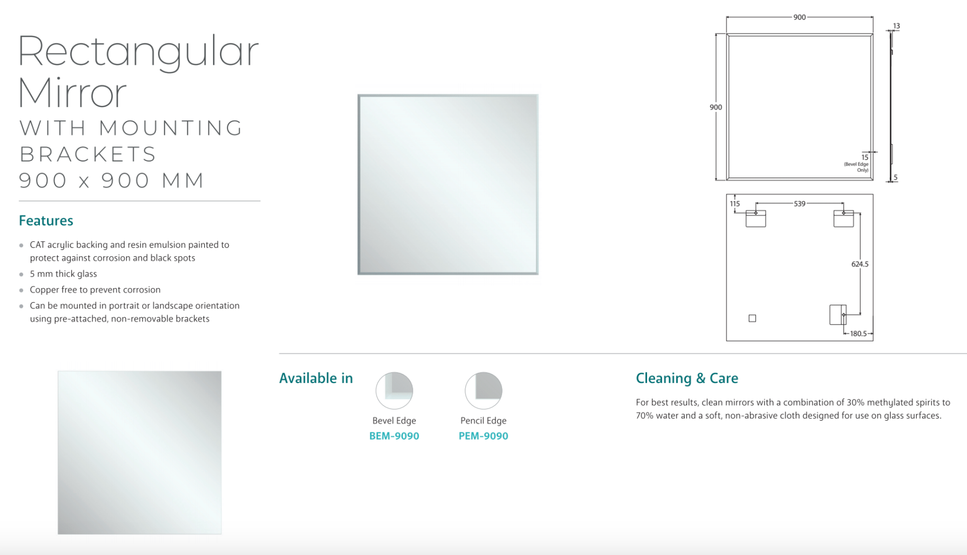 Fienza BEM 9090 Bevel Edge Rectangular Wall Mirror 36x36 Inches - Modern Frameless Bathroom Vanity Mirror for Home Decor, Bedroom & Entryway