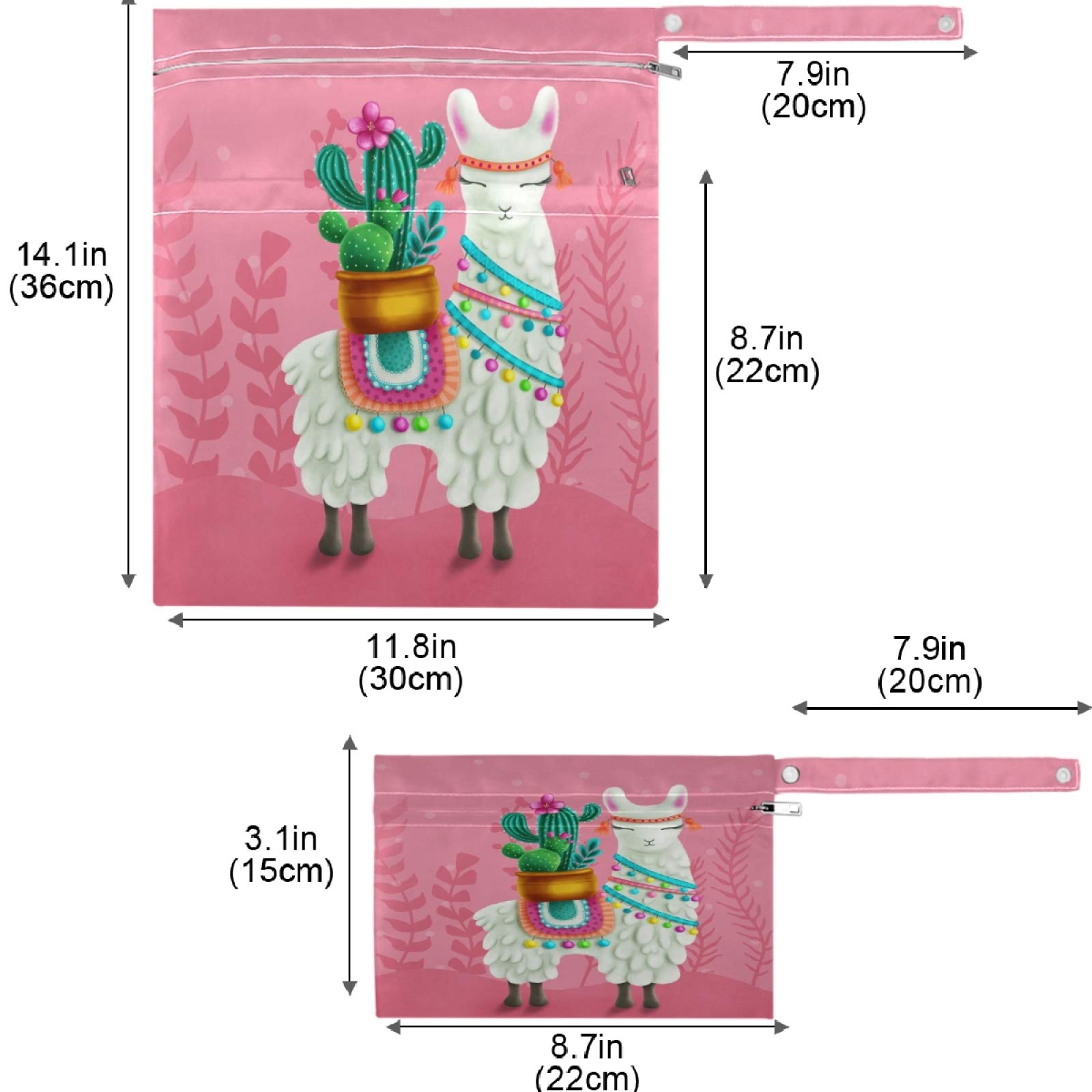Visesunny 2PCS Fun Llama with Cactus Floral Wet Bags - Waterproof Reusable Zippered Pouch for Travel, Beach, Pool, Gym & Daycare | Perfect for Swimsuits, Diapers, Toiletries & Dirty Clothes | Machine Washable & Spacious Storage