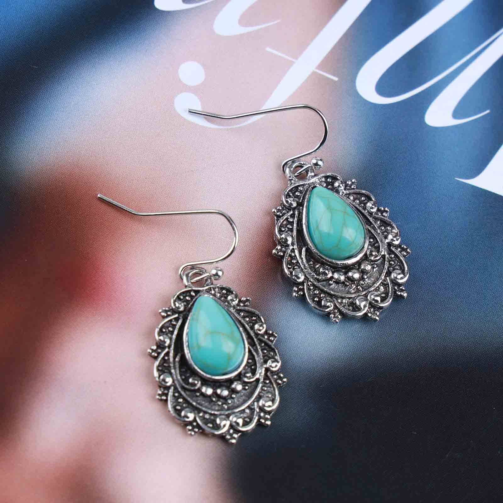 Vintage Teardrop Turquoise Drop Earrings for Women - Sterling Silver Dangle Hook Earrings with Blue Gemstone, Oval Turquoise Stone Jewelry - Perfect for Parties, Weddings & Boho Fashion