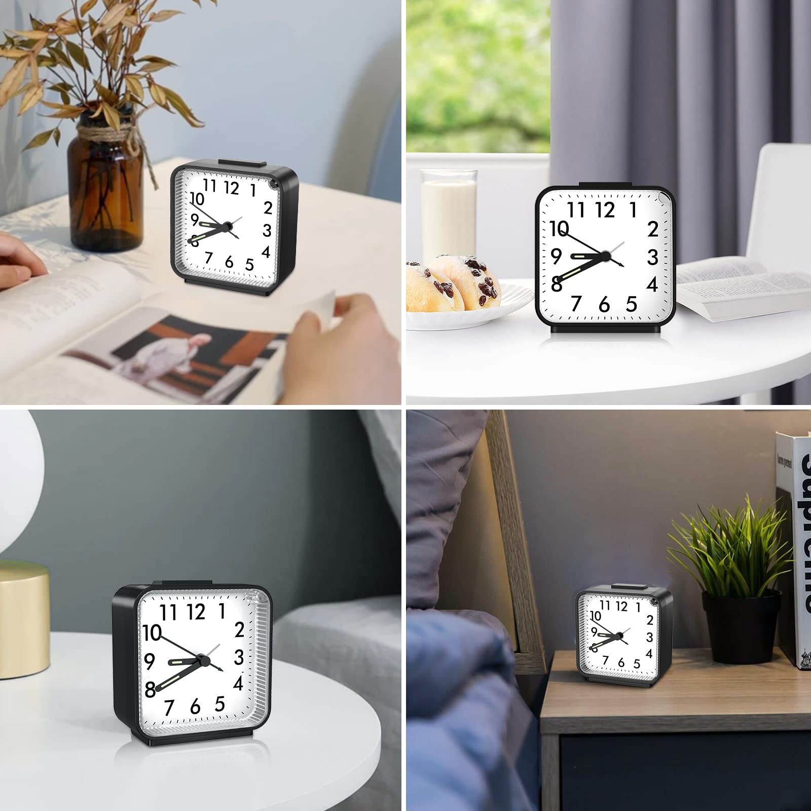 Brifit Silent Alarm Clock - Battery Powered Non-Ticking Bedside Clock with Luminous Hands, Large Display & Snooze Function - Perfect for Heavy Sleepers, Travel, Bedroom & Office Use - Easy to Read Black Clock with Night Light