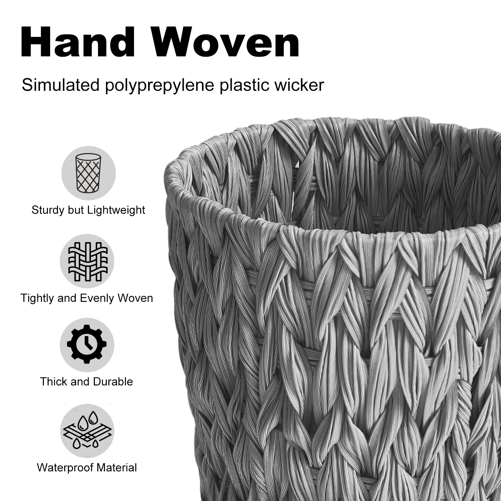 Waterproof Wicker Trash Can - 2 Gallon Small Round Bathroom & Bedroom Waste Basket, Handwoven Grey Office Trash Bin for Home, Kitchen, Dorm (Perfect for Bathroom Vanity, Bedside, or Office Desk)
