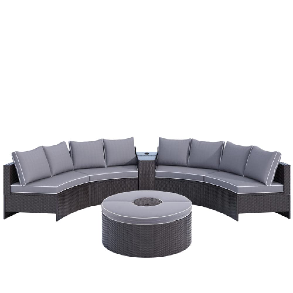 KaO0YaN 4/6-Piece Outdoor Patio Furniture Set - Half Moon Wicker Sectional Sofa with 2 Pillows & Coffee Table - Gray 6PC Garden Furniture for Backyard, Poolside & Terrace Relaxation