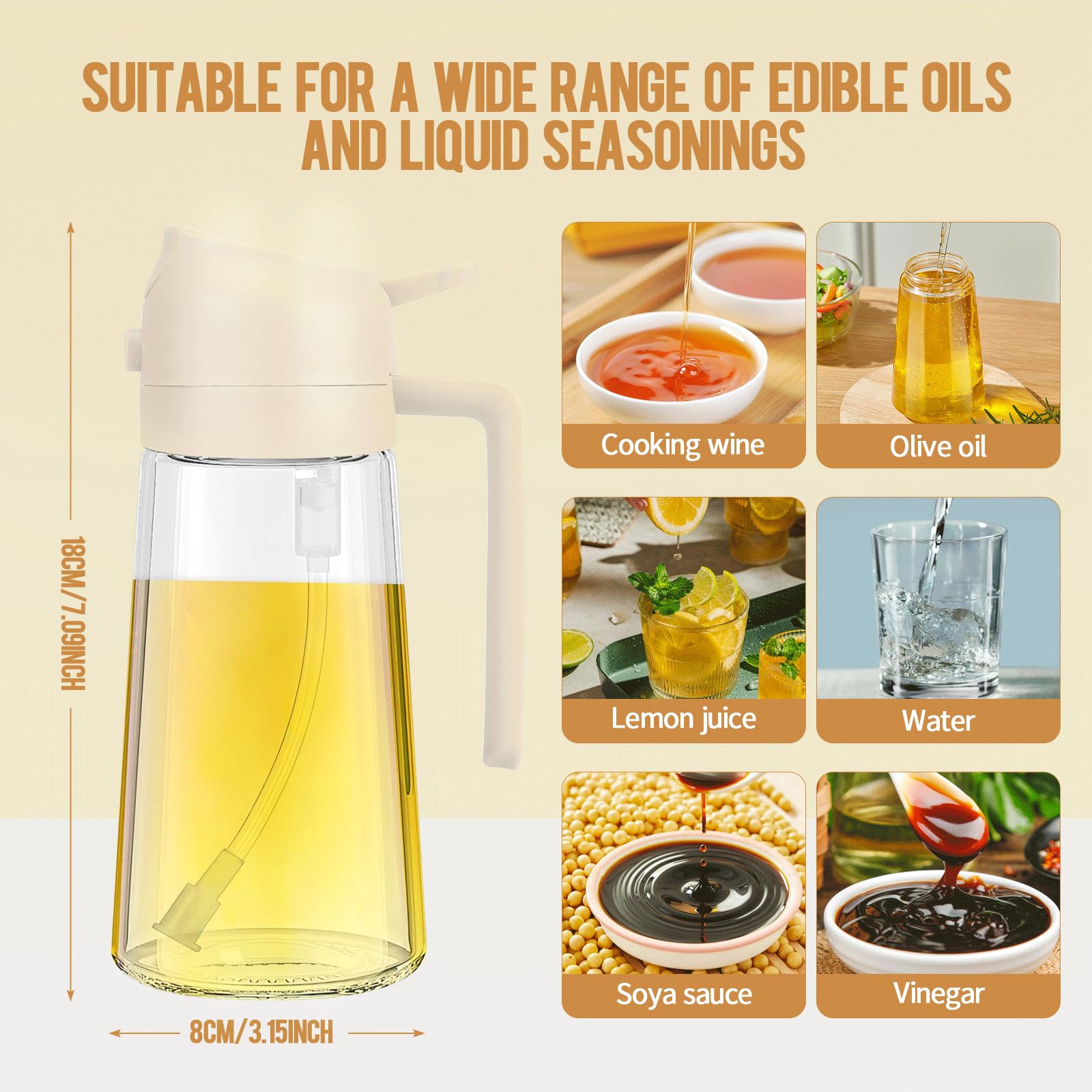16oz/470ml Glass Oil Dispenser & Sprayer - Premium Olive Oil Pourer for Kitchen, Air Fryer, Cooking, Salad, BBQ - Drizzle Control & Leak-Proof Design (White) - Perfect for Healthy Cooking, Baking & Meal Prep