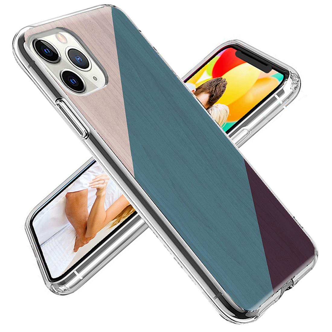**ARTIOSIT Cute Geometric Design iPhone 11 Pro Max Case for Women - Slim Soft Rubber Full Body Protective Clear Phone Cover (Green/Blue/Teal/Brown Wood Grain) - Perfect for Daily Use, Work & Travel**