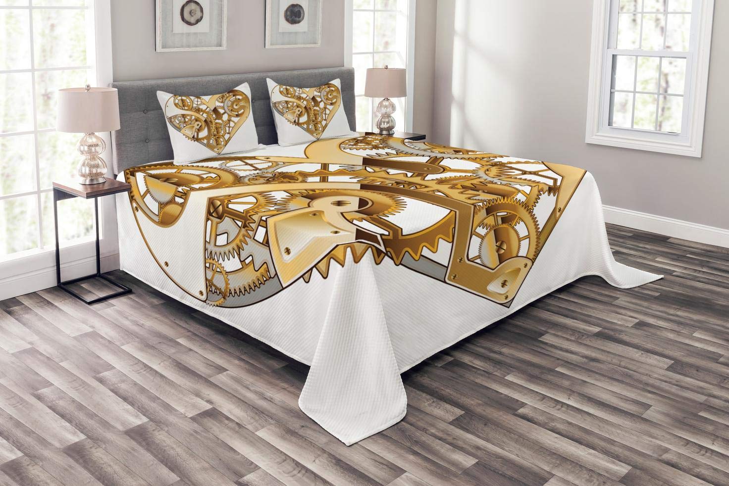 Ambesonne Industrial King Size Bedspread Set - 3 Piece Bedding Coverlet with 2 Pillow Shams, Mechanic Heart Physical Bodies Design in Pale Brown & White | Perfect for Modern Bedroom Decor, Industrial Themed Rooms & Unique Home Styling