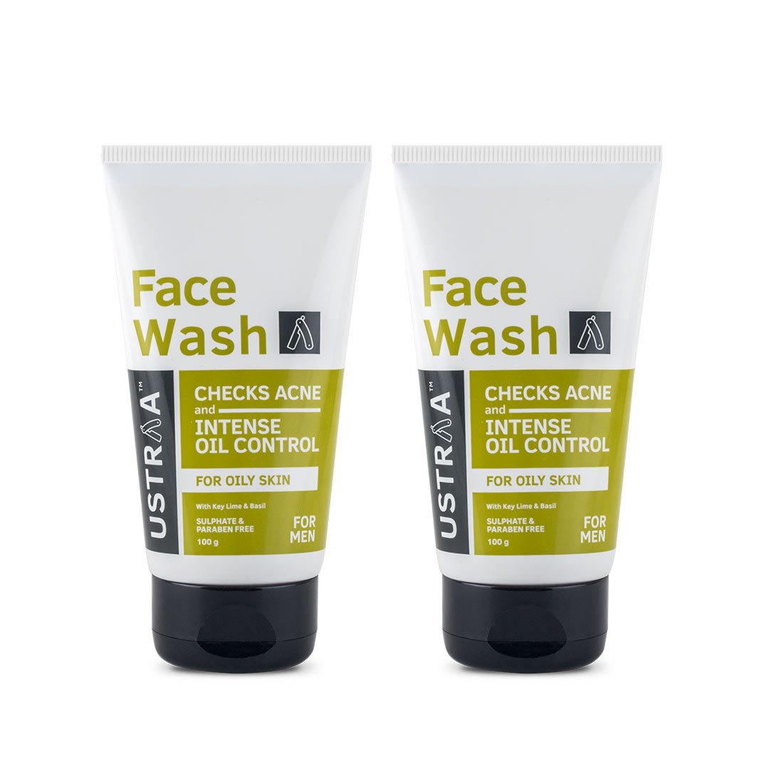 Ustraa Face Wash for Oily & Acne-Prone Skin - 2 x 100g Pack with Basil & Key Lime - SLS Free Formula Controls Excess Oil, Fights Acne & Blackheads - Deep Cleansing & Skin Repair - Perfect for Daily Skincare Routine & Post-Workout Refresh