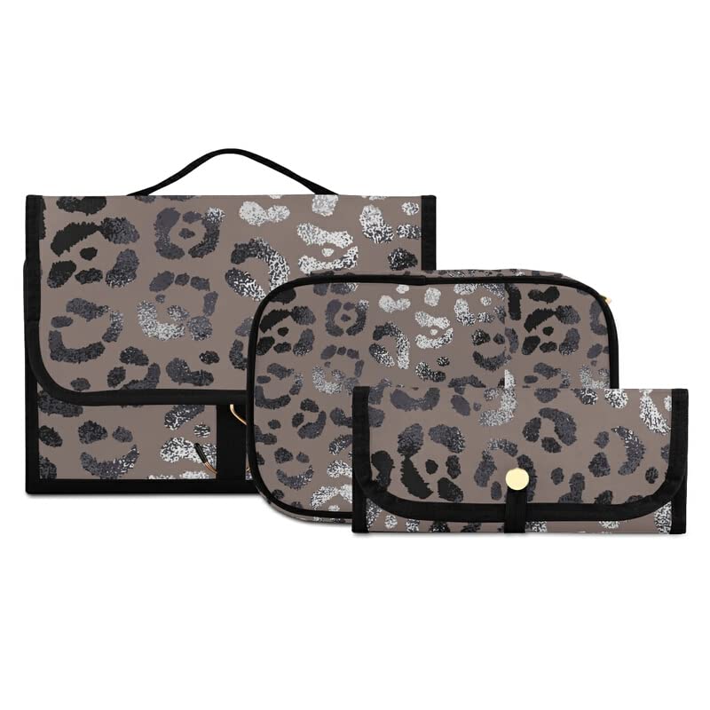 Elegant Silver Leopard Print Hanging Toiletry Bag Set - 3 PCS Travel Makeup Organizer with Clear Compartments | Perfect for Vacation, Gym, Camping & Business Trips