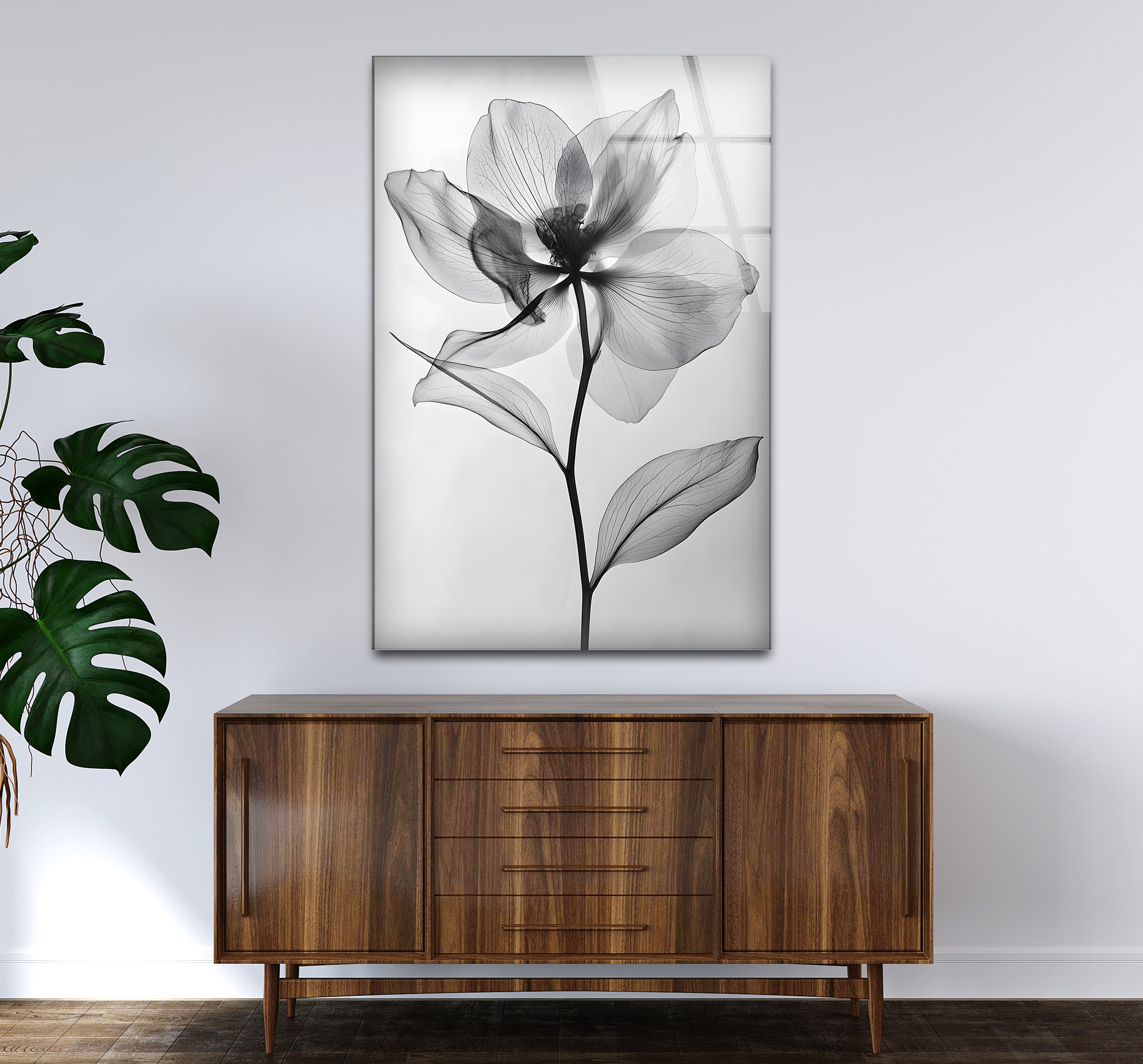 Black and White Flower Glass Wall Art - Elegant Home Decor for Living Room, Bedroom & Office