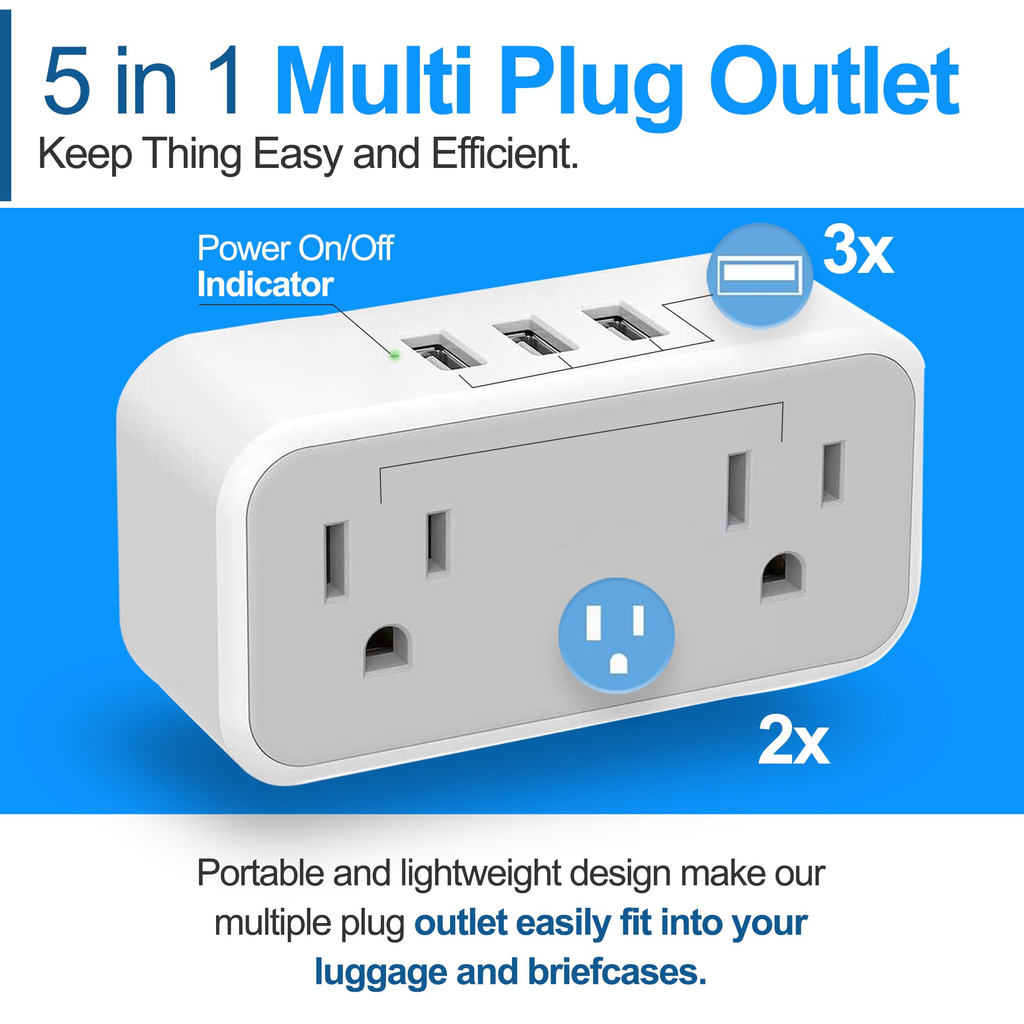 3-in-1 Wall Outlet Splitter with 2 AC Outlets & 3 USB Ports | Multi Plug Adapter for Cruise Ships, Travel, Home & Office | Space-Saving Power Strip for Dorm Essentials (White, 2-Pack) | Perfect for Charging Phones, Laptops & Small Appliances Simultaneously